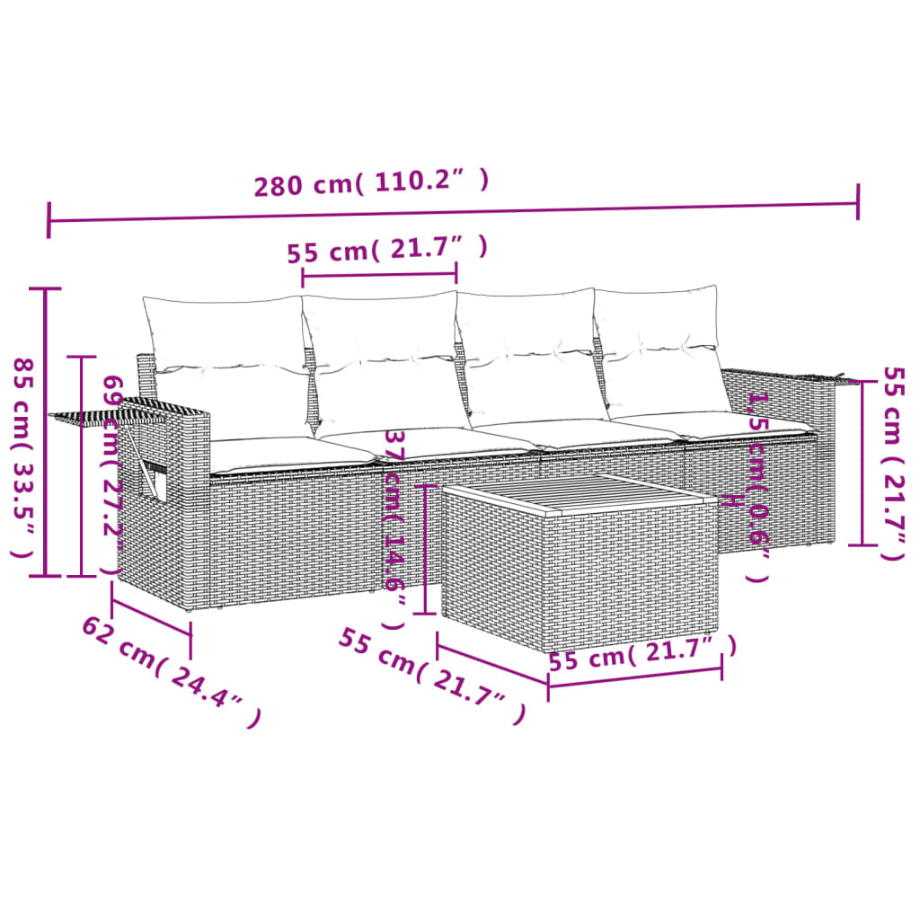 5 Pcs conjunto sofás de jardim c/ almofadões vime PE cinzento