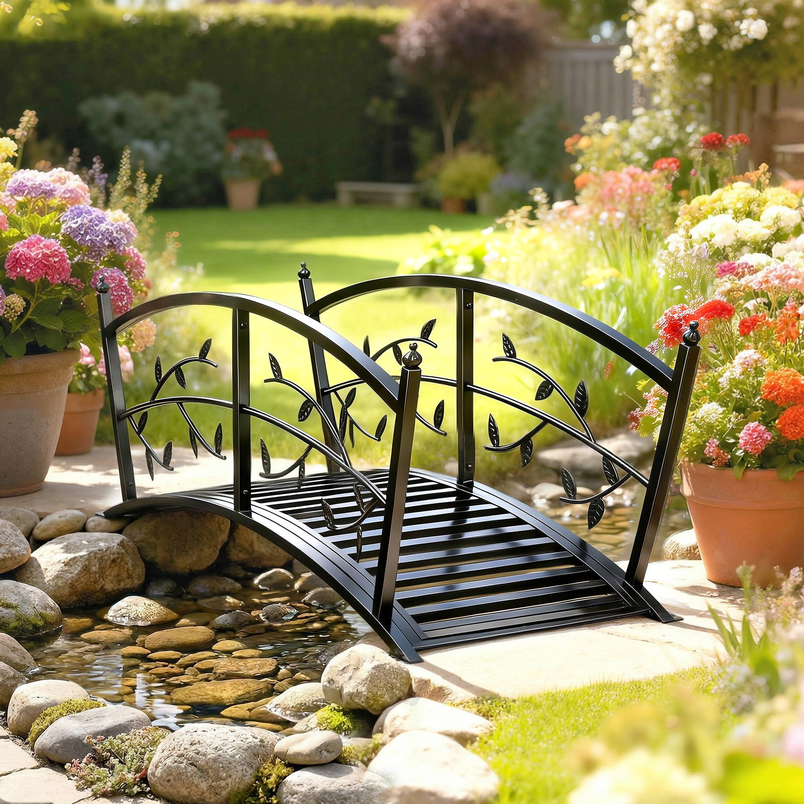 Ponte de jardim metálica 1,2 m ponte decorativa para lagos com corrimãos de segurança e design de folhas preto