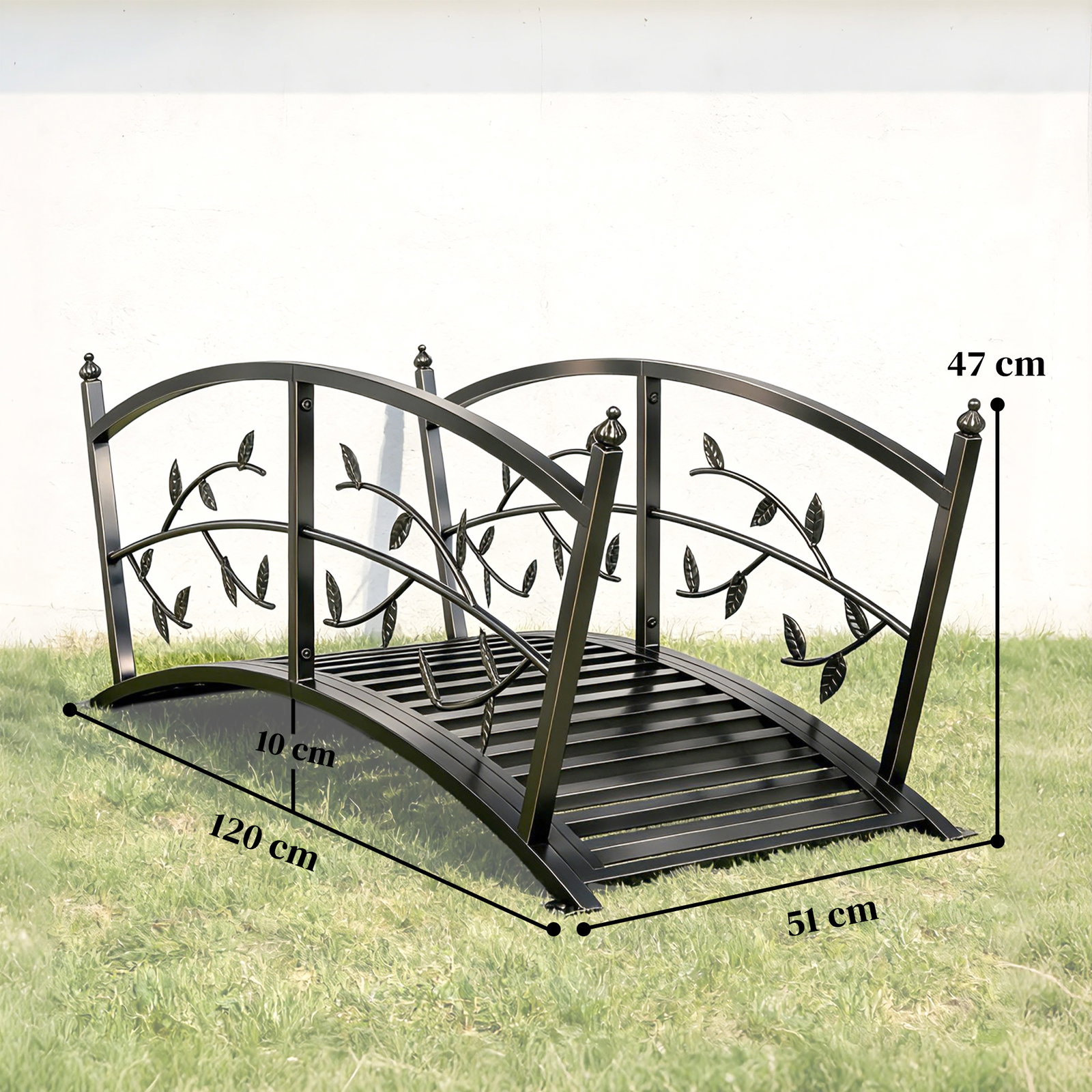 Ponte de jardim metálica 1,2 m ponte decorativa para lagos com corrimãos de segurança e design de folhas preto