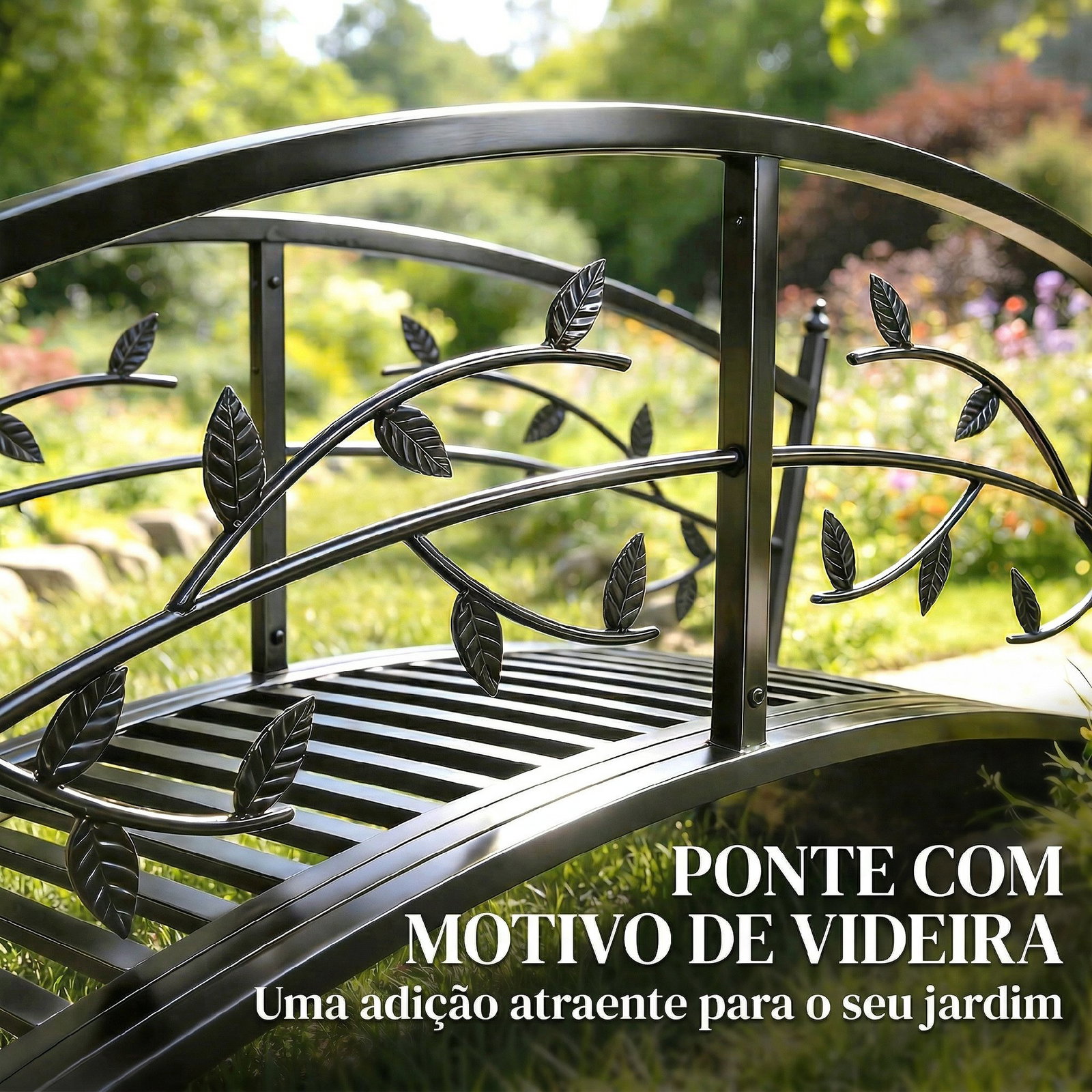 Ponte de jardim metálica 1,2 m ponte decorativa para lagos com corrimãos de segurança e design de folhas preto