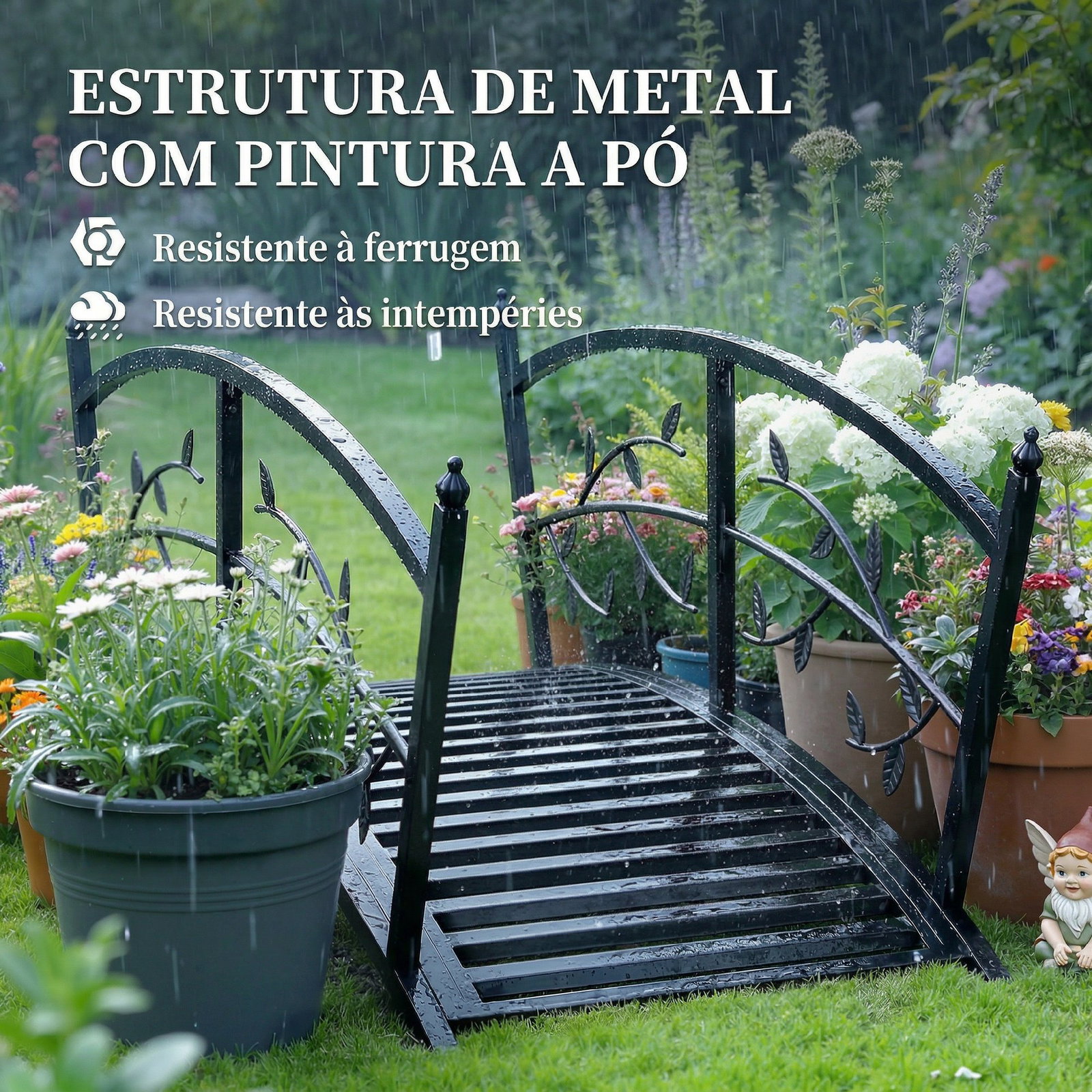 Ponte de jardim metálica 1,2 m ponte decorativa para lagos com corrimãos de segurança e design de folhas preto