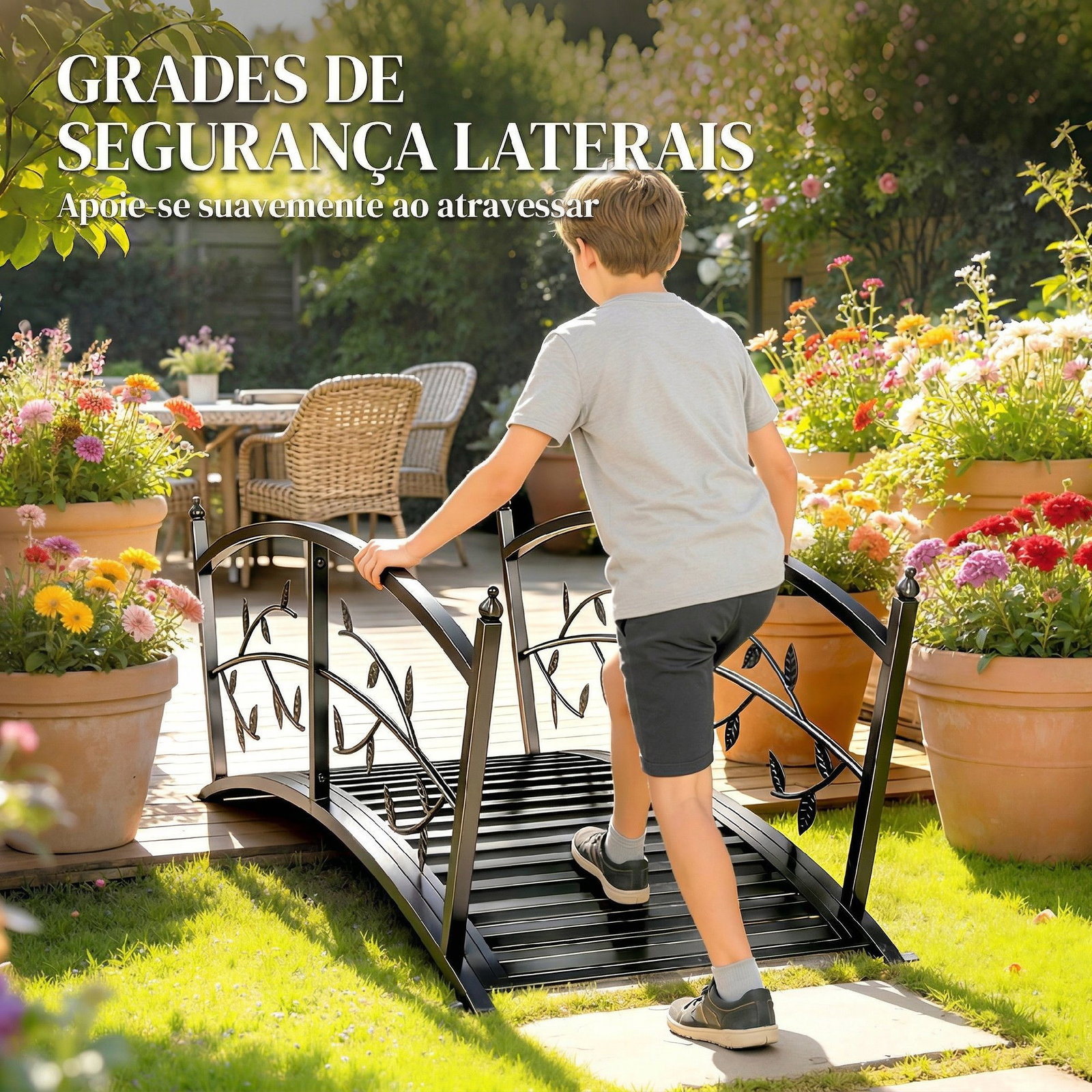 Ponte de jardim metálica 1,2 m ponte decorativa para lagos com corrimãos de segurança e design de folhas preto
