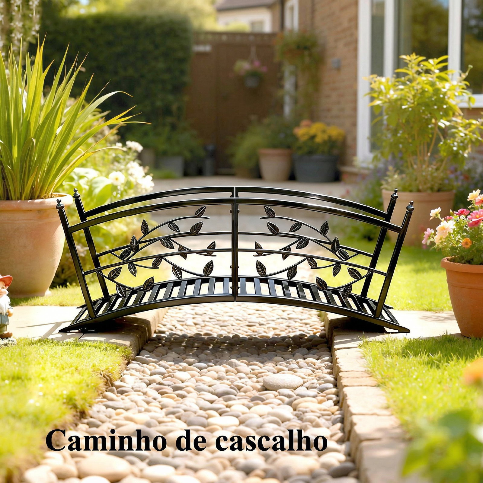 Ponte de jardim metálica 1,2 m ponte decorativa para lagos com corrimãos de segurança e design de folhas preto