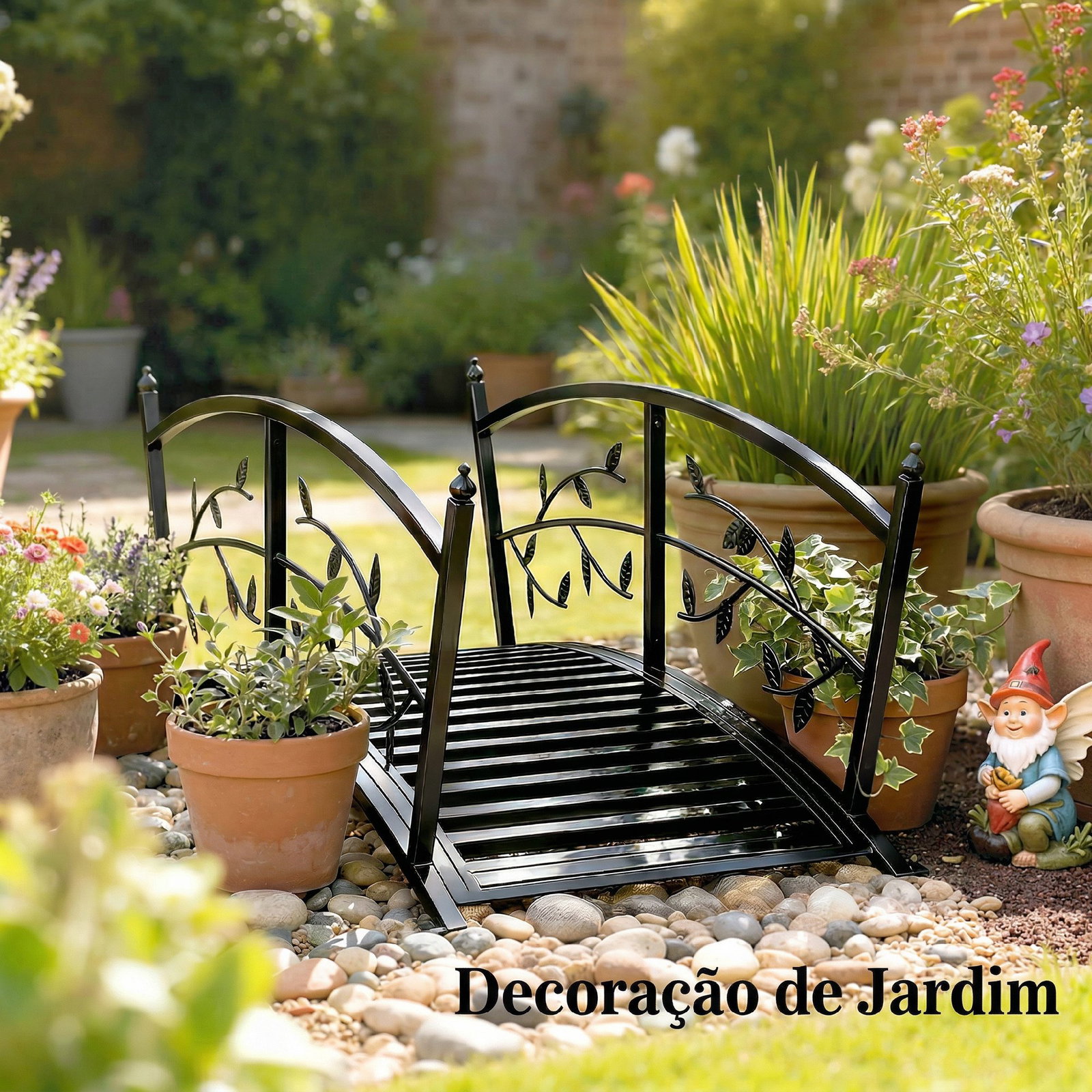Ponte de jardim metálica 1,2 m ponte decorativa para lagos com corrimãos de segurança e design de folhas preto