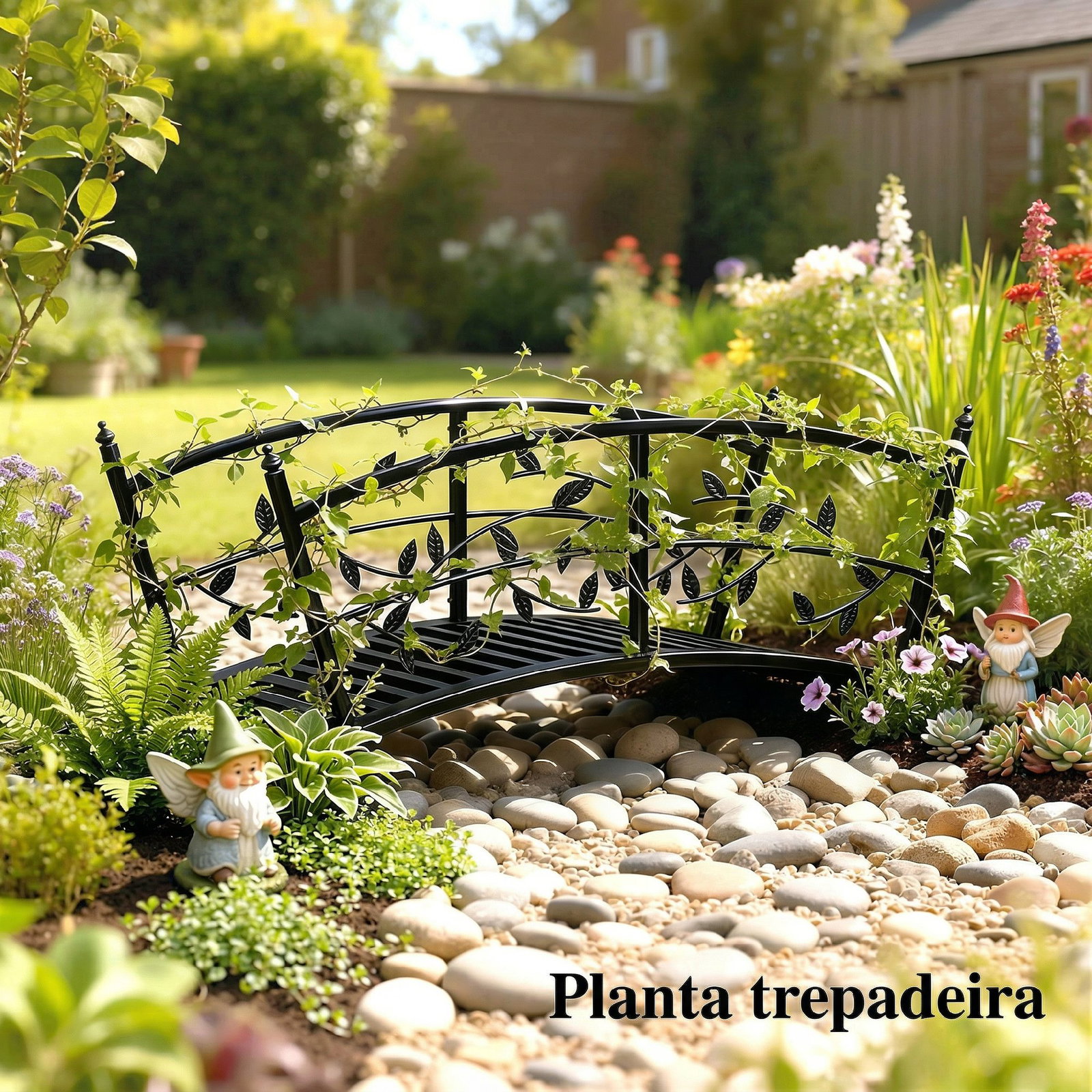 Ponte de jardim metálica 1,2 m ponte decorativa para lagos com corrimãos de segurança e design de folhas preto