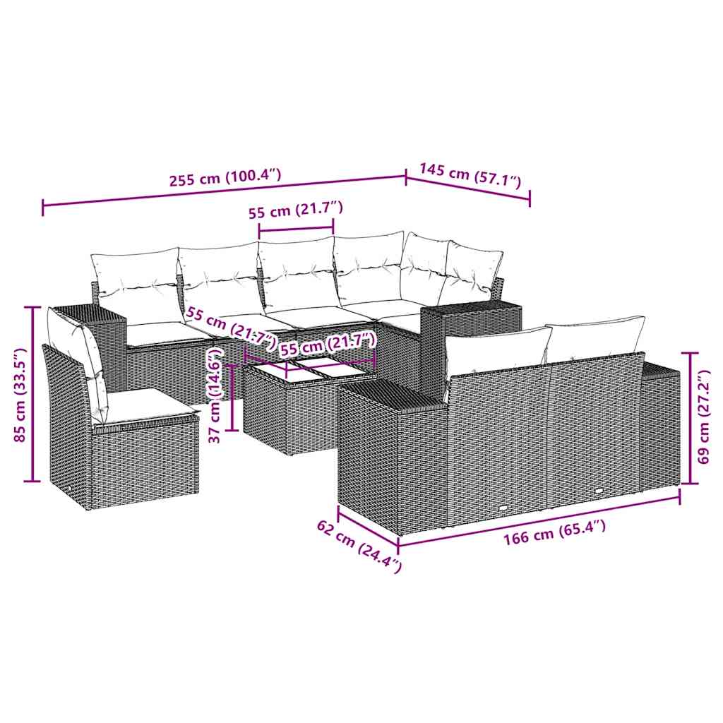 9 Pcs conjunto de sofás p/ jardim c/ almofadões vime PE preto