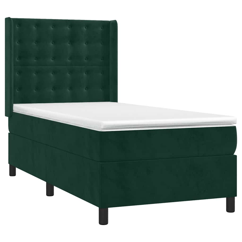 Cama box spring c/ colchão/LED 100x200 cm veludo verde-escuro