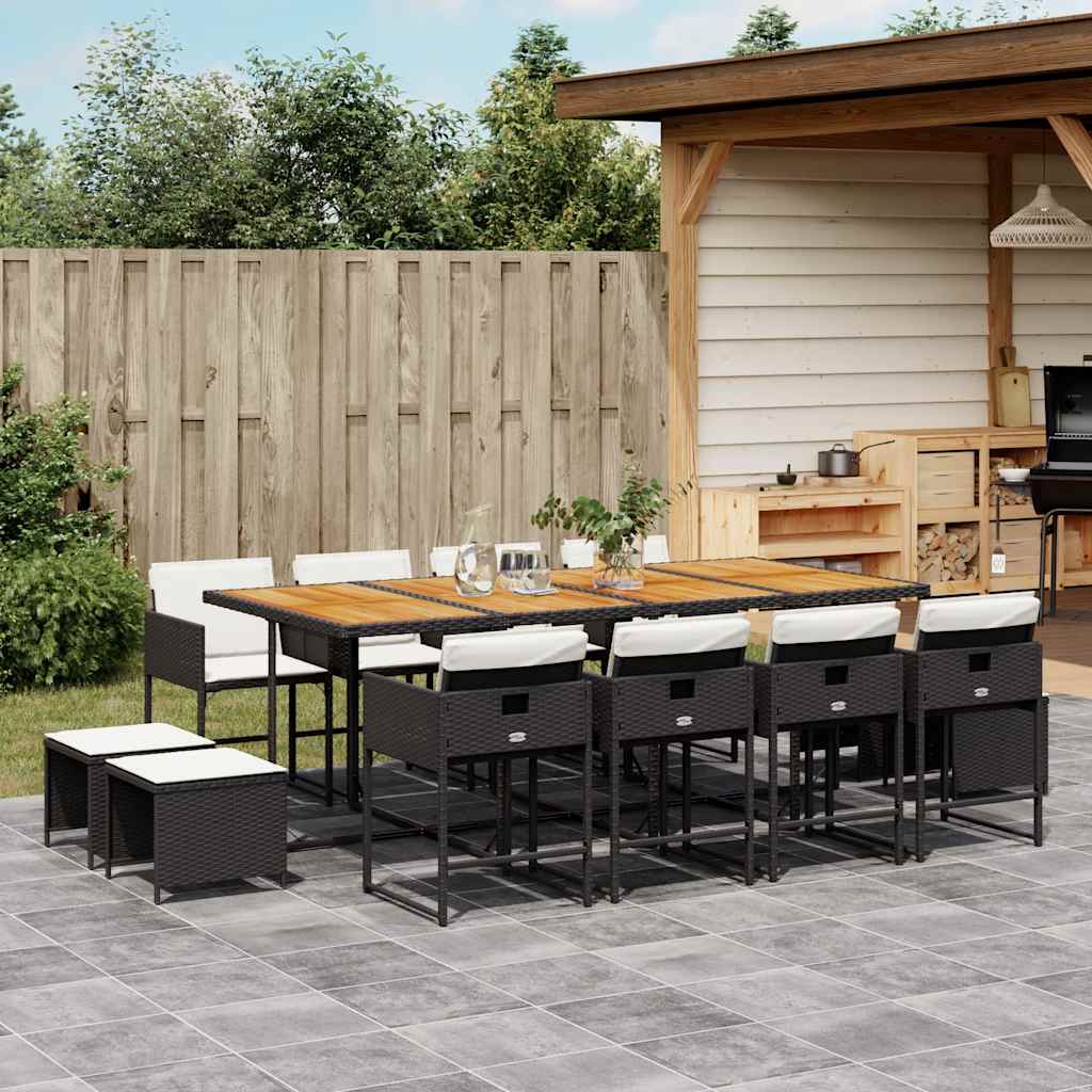 13 Pcs conjunto de jantar p/jardim com almofadões vime PE preto