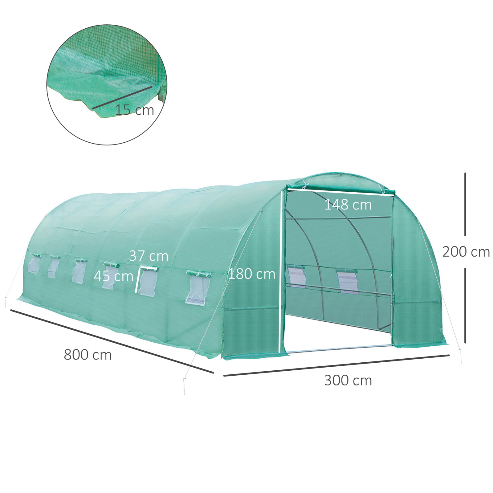Estufa tipo túnel 8x3x2m aço e PE 140 g/m² estufa para cultivo de plantas tomates verduras com 12 janelas e porta enroláveis verde