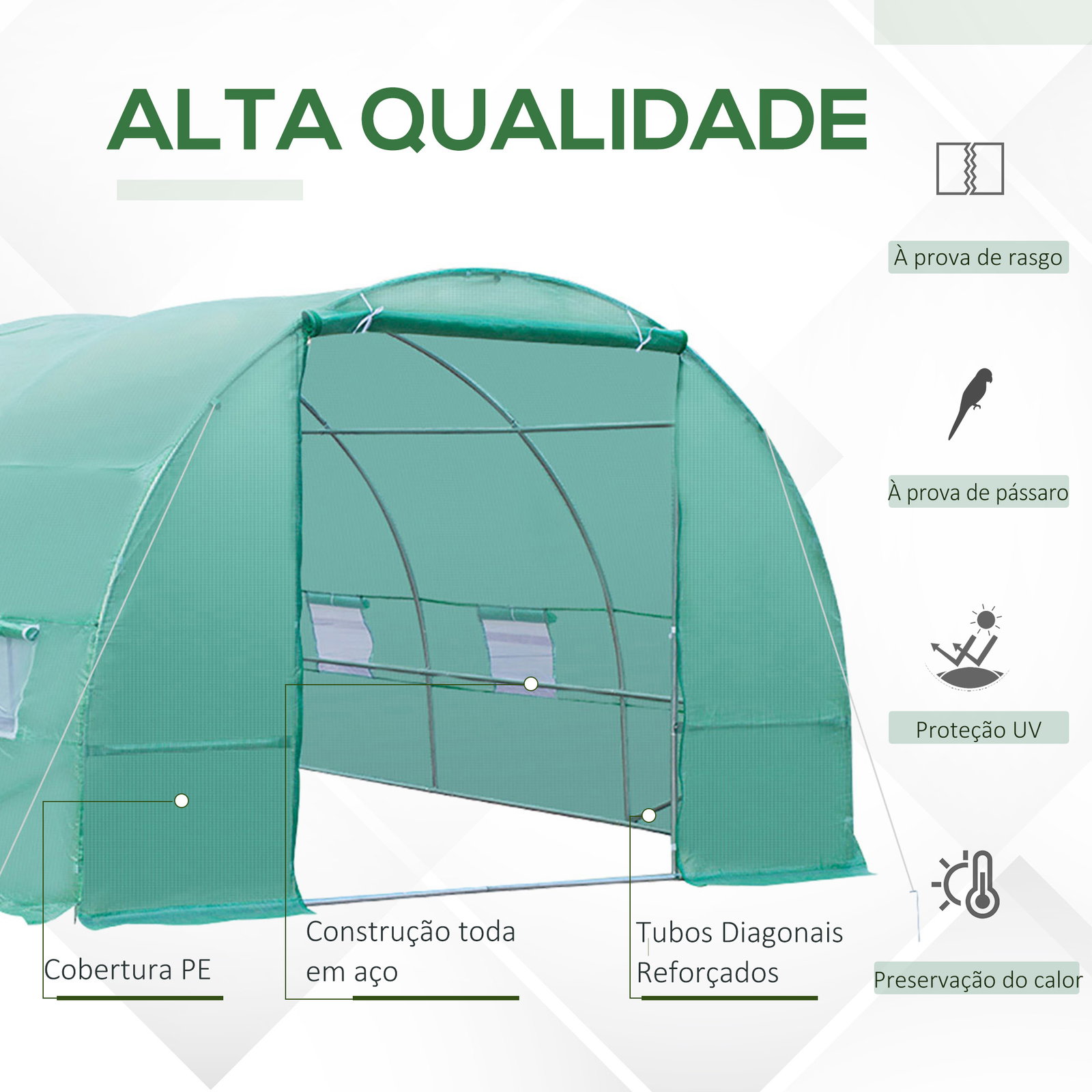 Estufa tipo túnel 8x3x2m aço e PE 140 g/m² estufa para cultivo de plantas tomates verduras com 12 janelas e porta enroláveis verde