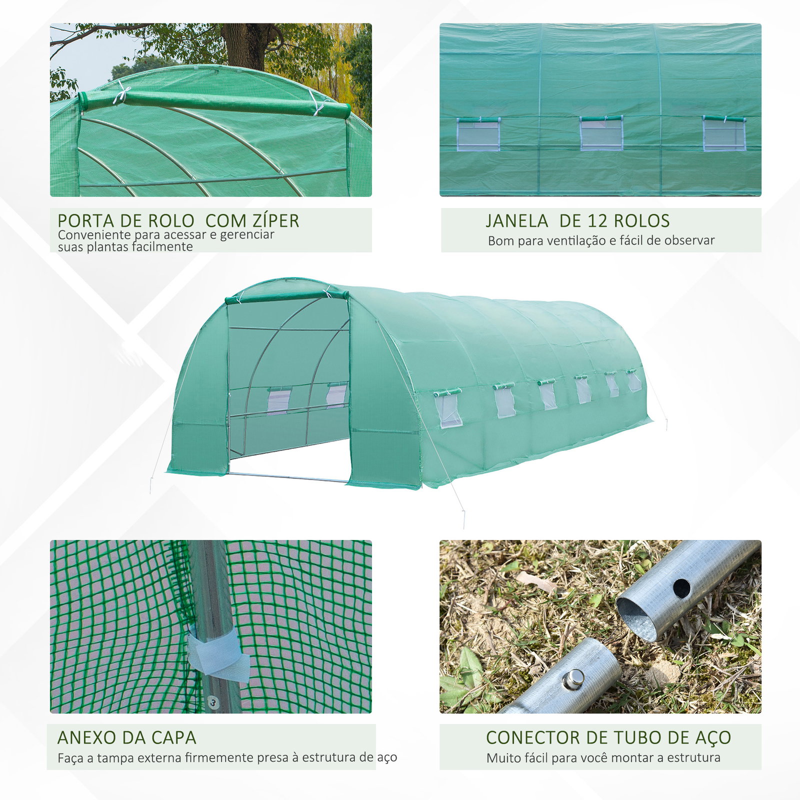 Estufa tipo túnel 8x3x2m aço e PE 140 g/m² estufa para cultivo de plantas tomates verduras com 12 janelas e porta enroláveis verde