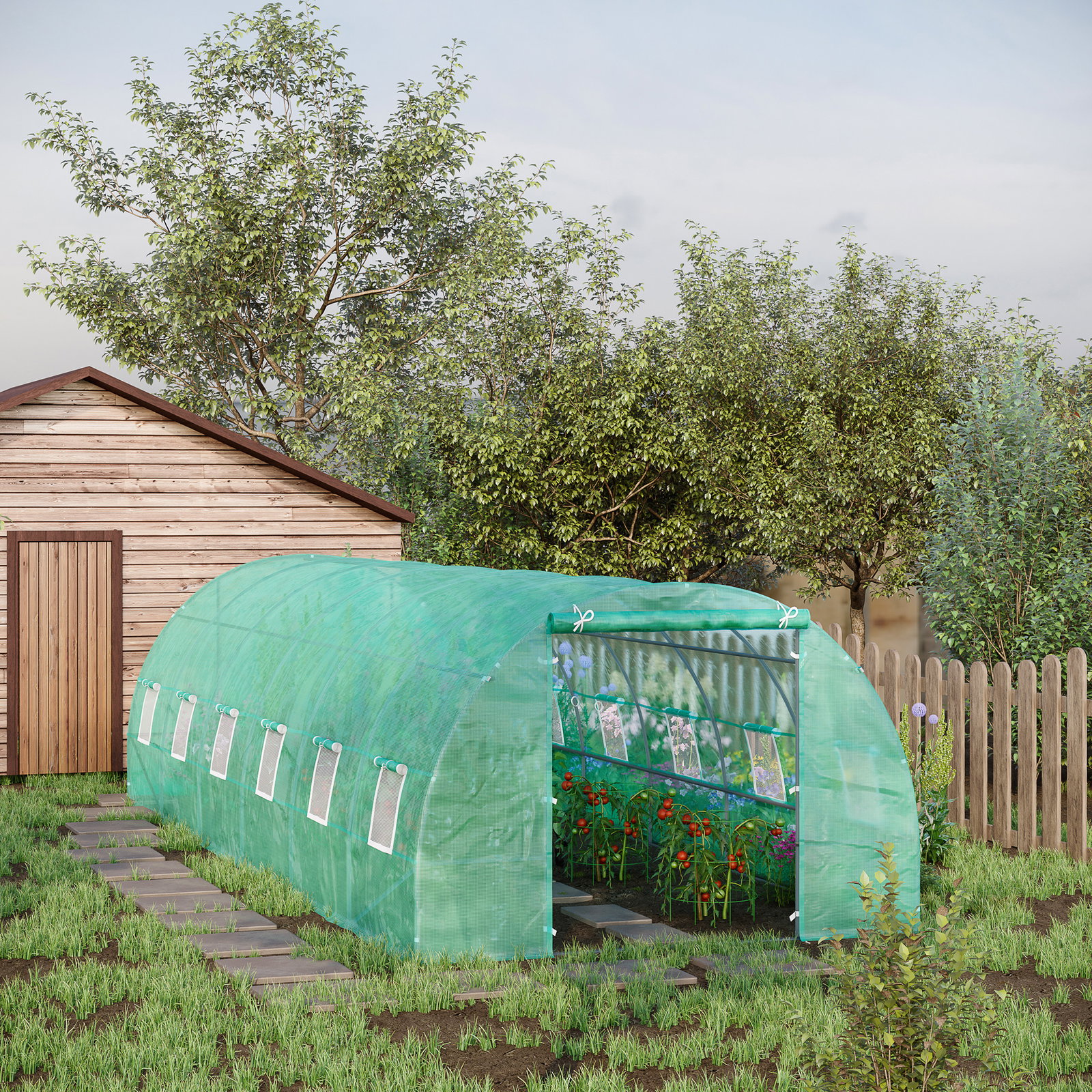 Estufa tipo túnel 8x3x2m aço e PE 140 g/m² estufa para cultivo de plantas tomates verduras com 12 janelas e porta enroláveis verde