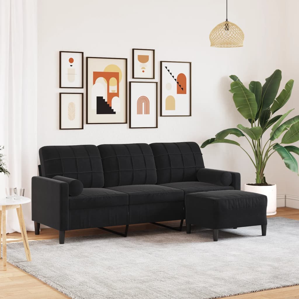 Sofá de 3 lugares com apoio de pés 180 cm veludo preto