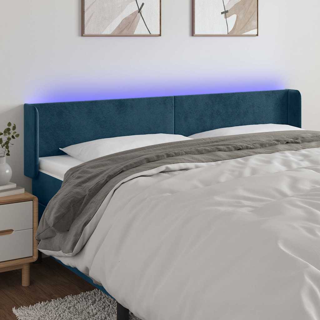 Cabeceira cama c/ luzes LED veludo 203x16x78/88 cm azul-escuro