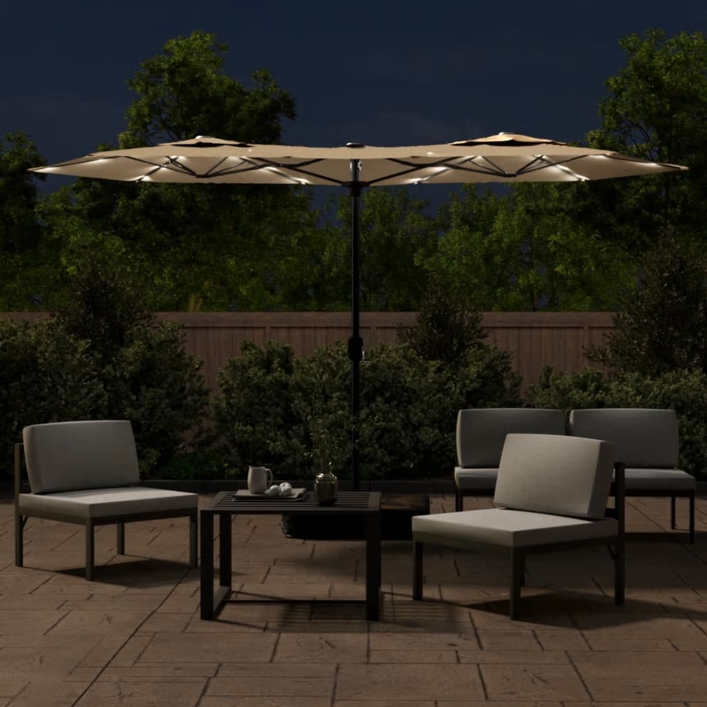 Guarda-sol jardim cabeça dupla/LED 316x145 cm cinza-acastanhado