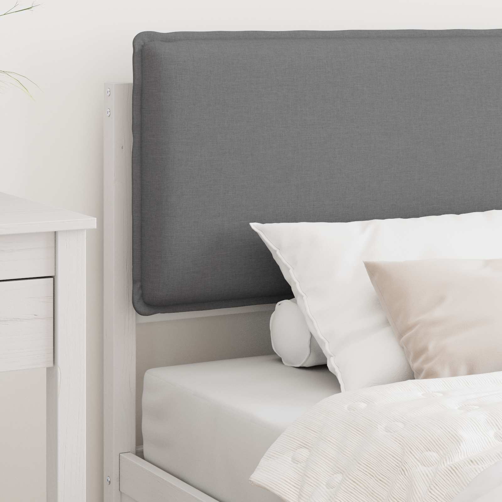 Estrutura de cama com cabeceira estofada cinzento-claro