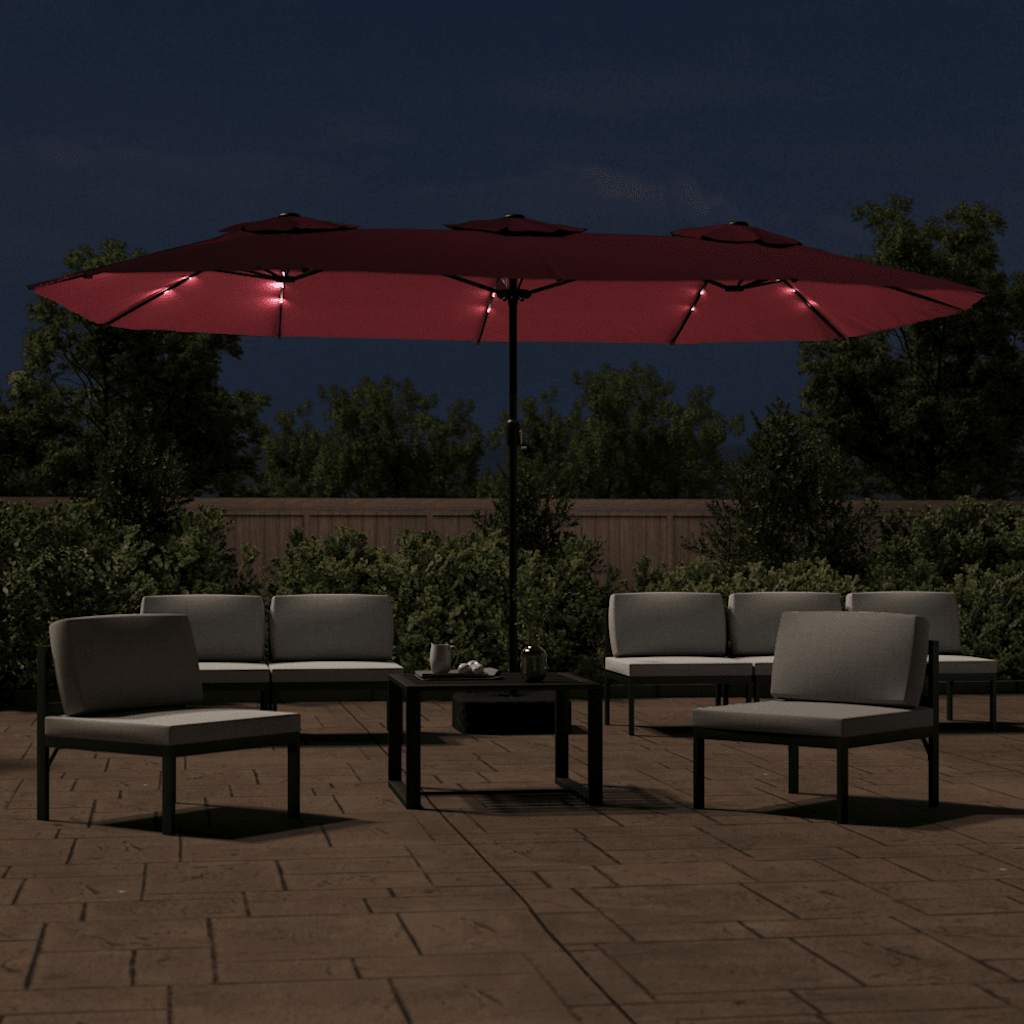 Guarda-sol de jardim c/ cabeça dupla/luzes LED 449x265 cm bordô