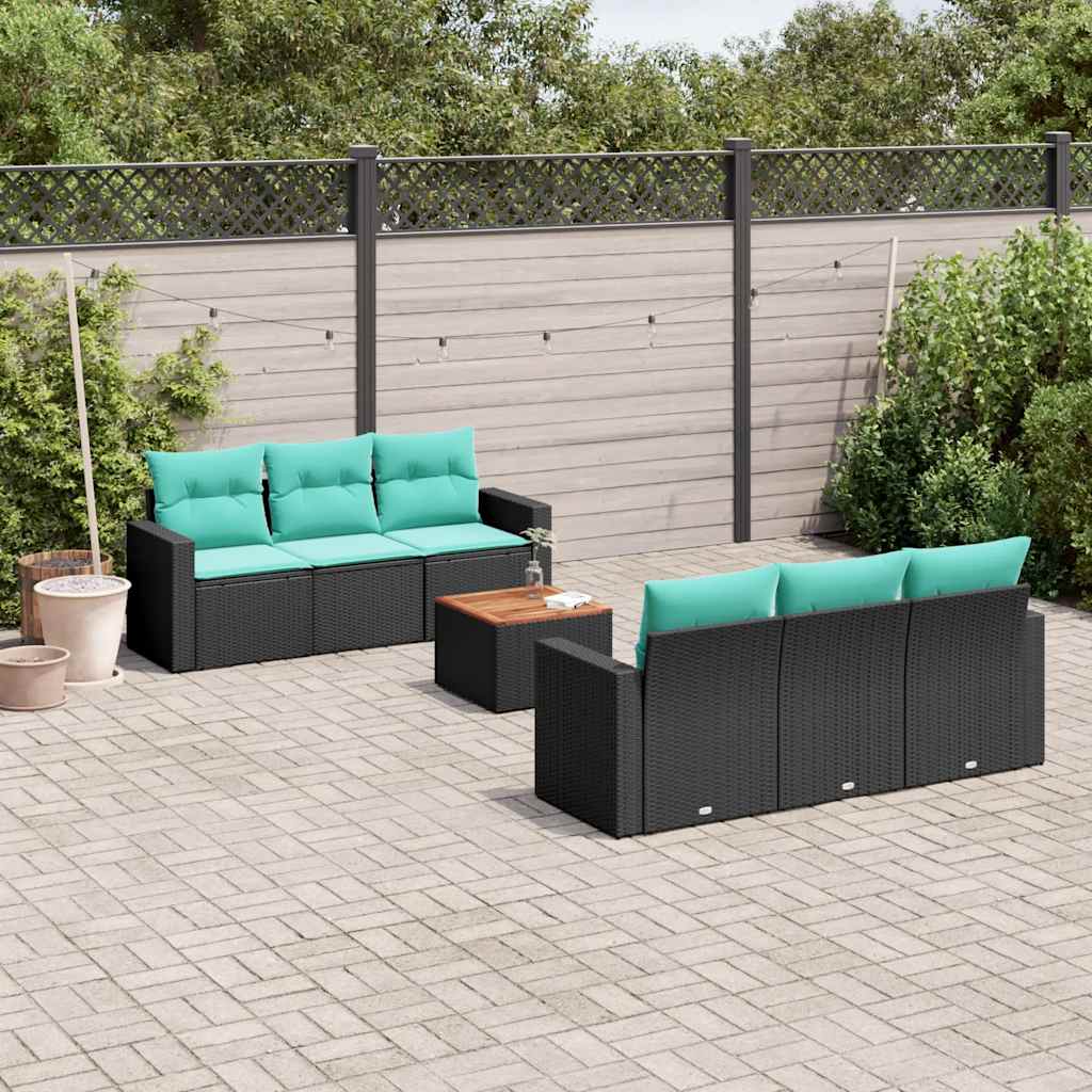 7 Pcs conjunto de sofás p/ jardim c/ almofadões vime PE preto