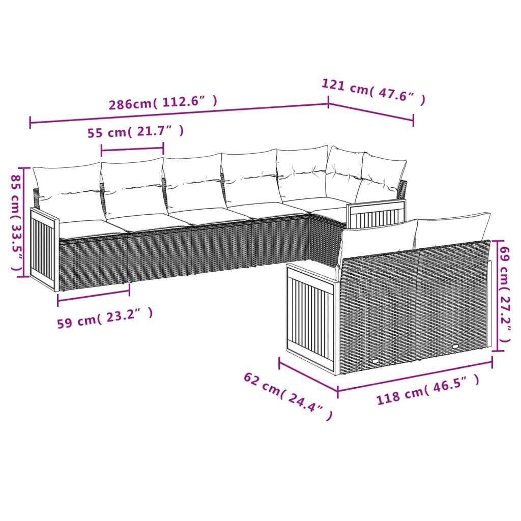 8 Pcs conjunto sofás de jardim com almofadões vime PE preto