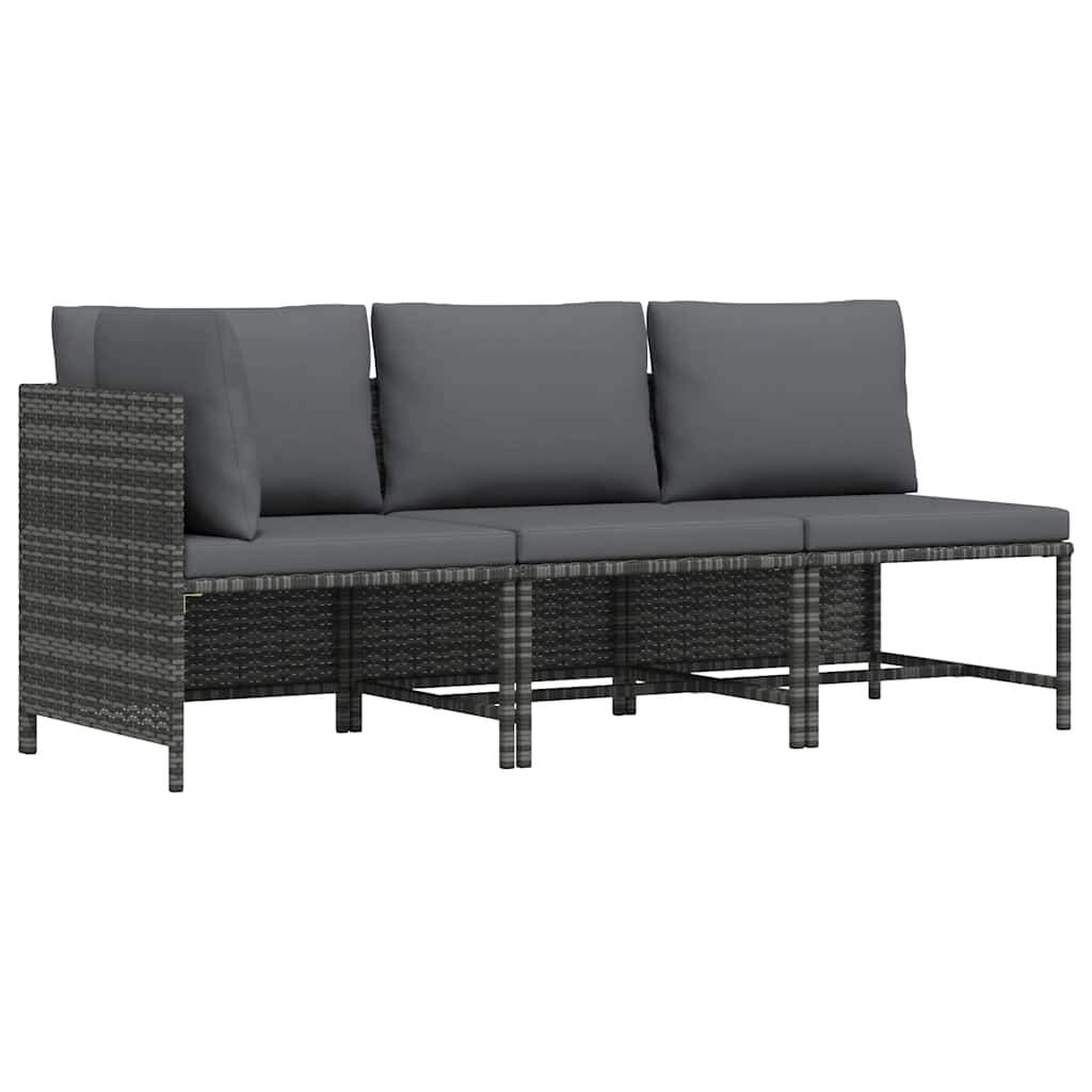 3 Pcs conjunto lounge de jardim c/ almofadões vime PE cinzento