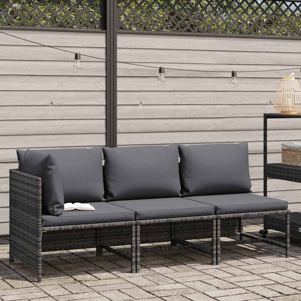 3 Pcs conjunto lounge de jardim c/ almofadões vime PE cinzento