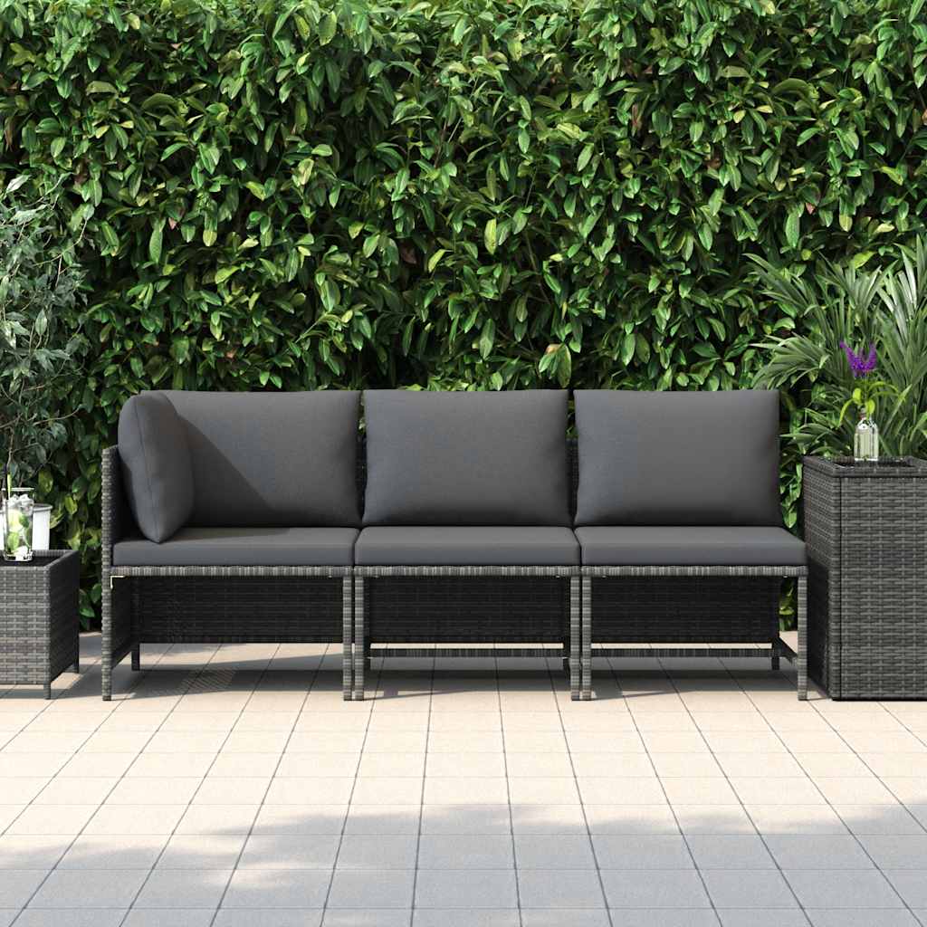 3 Pcs conjunto lounge de jardim c/ almofadões vime PE cinzento