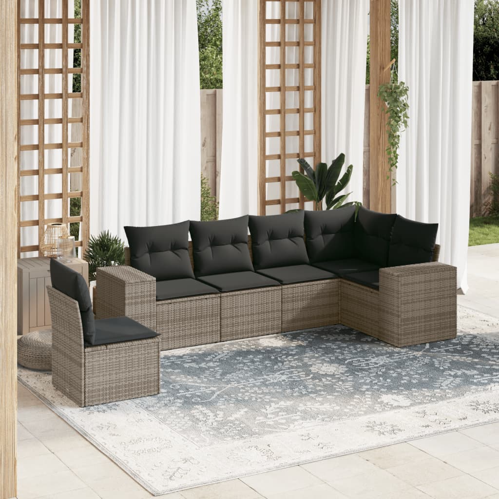 6 Pcs conjunto sofás de jardim com almofadões vime cinzento