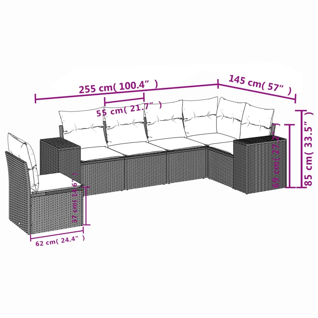 6 Pcs conjunto sofás de jardim com almofadões vime cinzento