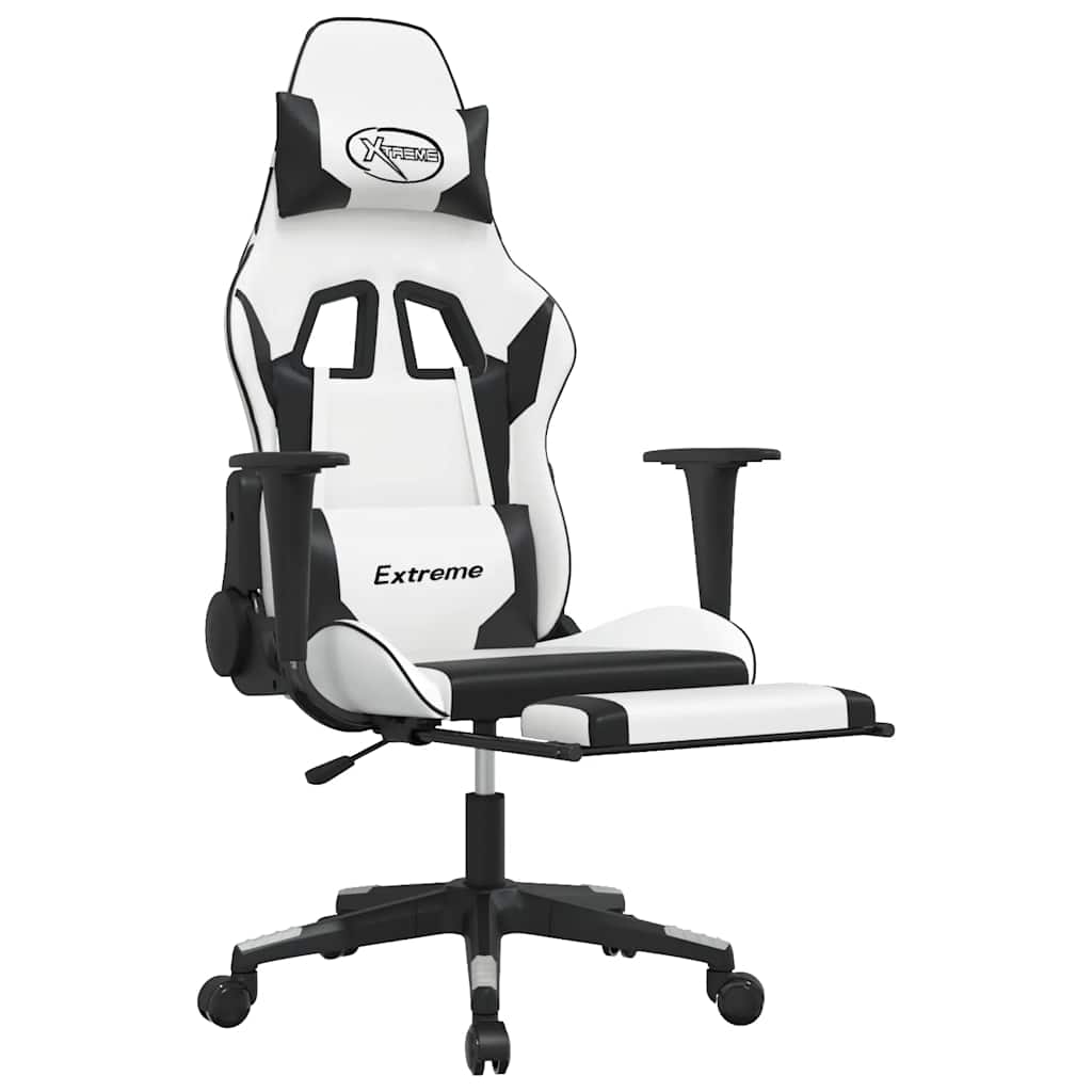 Cadeira gaming massagens c/ apoio pés couro artif. branco/preto