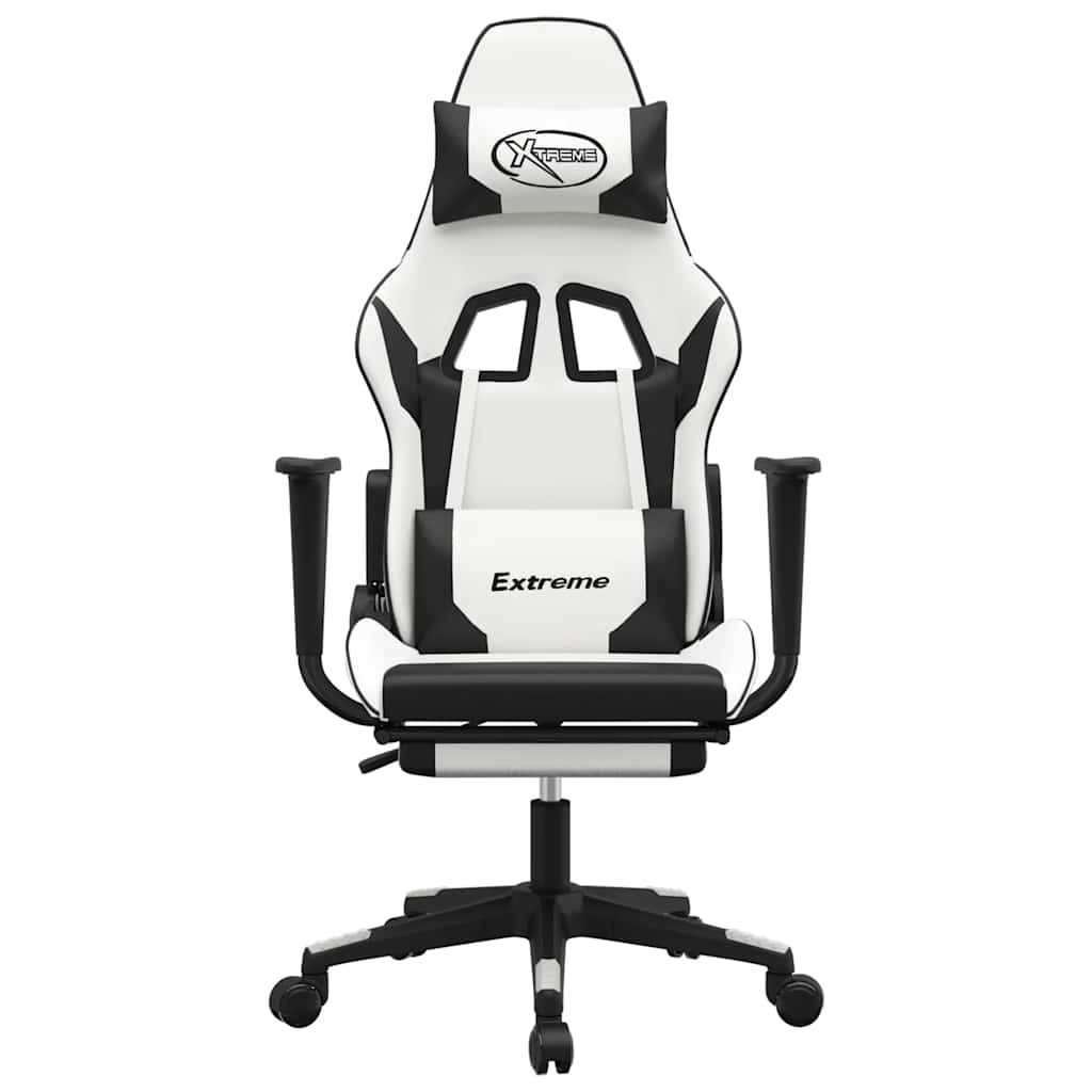 Cadeira gaming massagens c/ apoio pés couro artif. branco/preto