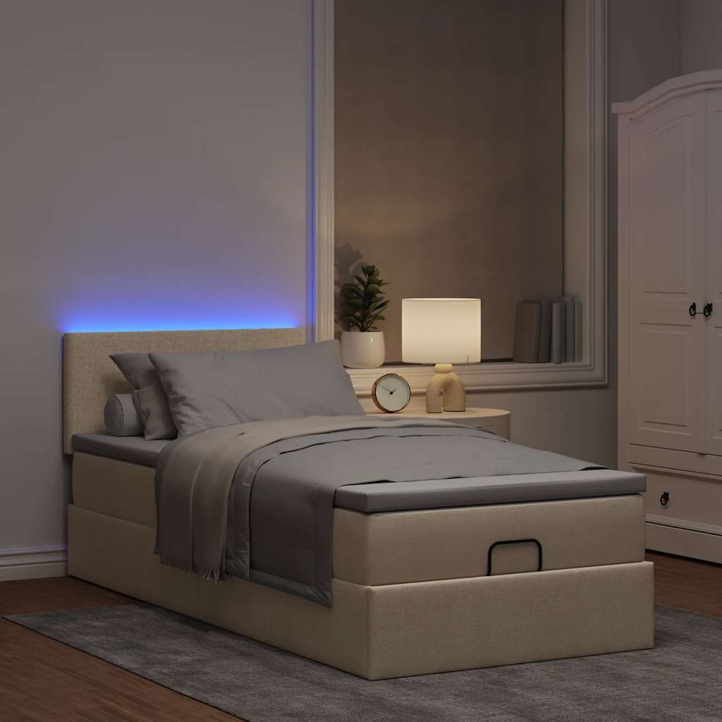 Cama otomana com colchão & leds 90x200 cm tecido creme