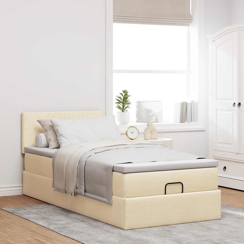 Cama otomana com colchão & leds 90x200 cm tecido creme
