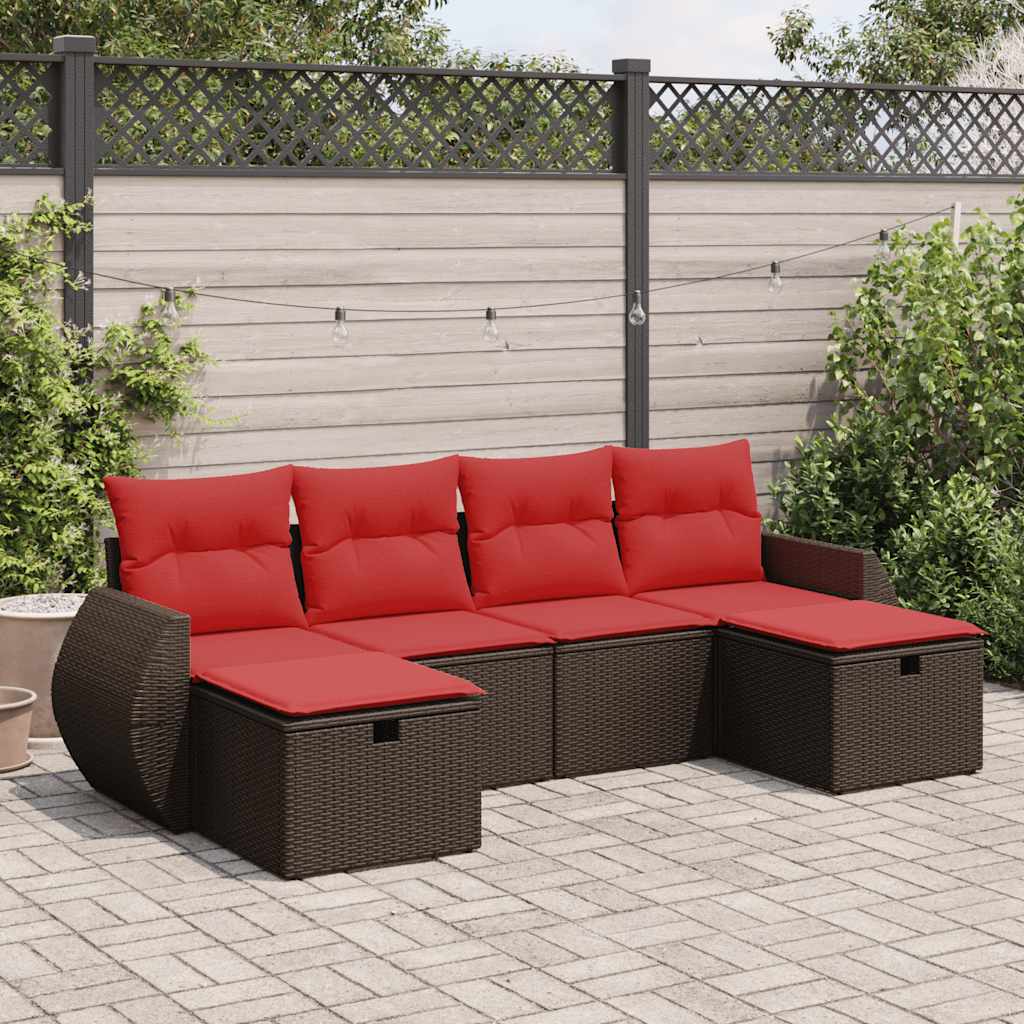 6 Pcs conjunto de sofás jardim c/ almofadões vime PE castanho