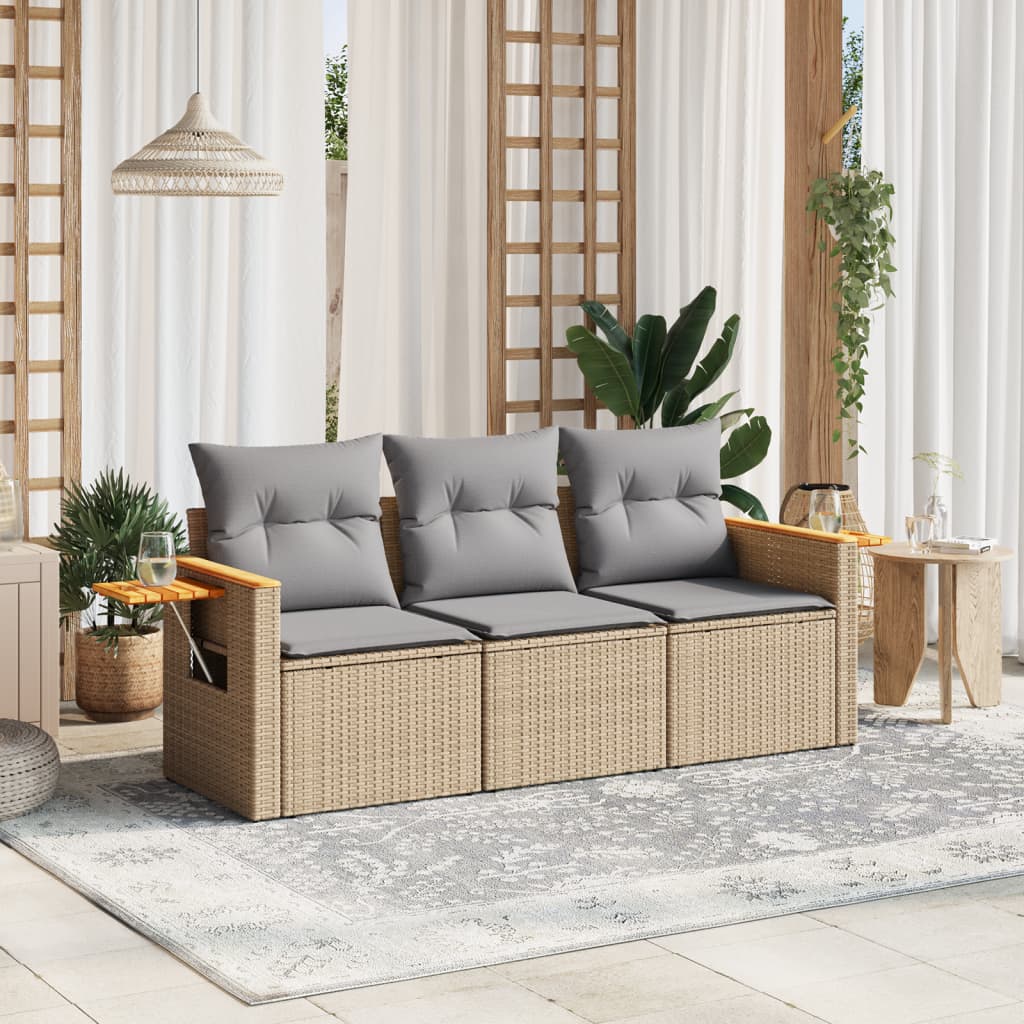 3 Pcs conjunto de sofás p/ jardim com almofadões vime PE bege