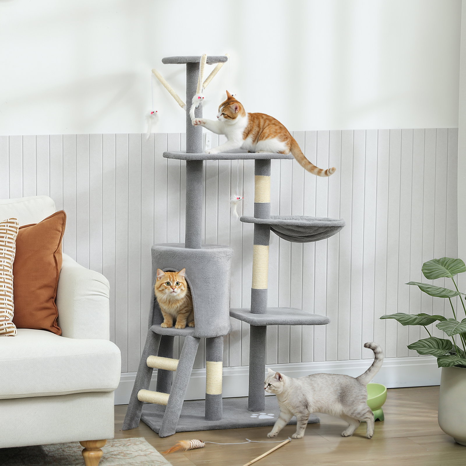 Arranhador para gatos com caverna plataformas rato de brinquedo rede e postes de sisal 60x35x134 cm cinzento