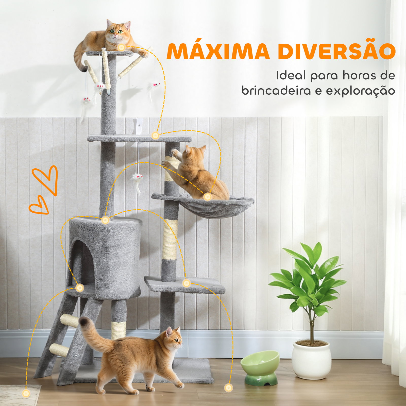 Arranhador para gatos com caverna plataformas rato de brinquedo rede e postes de sisal 60x35x134 cm cinzento