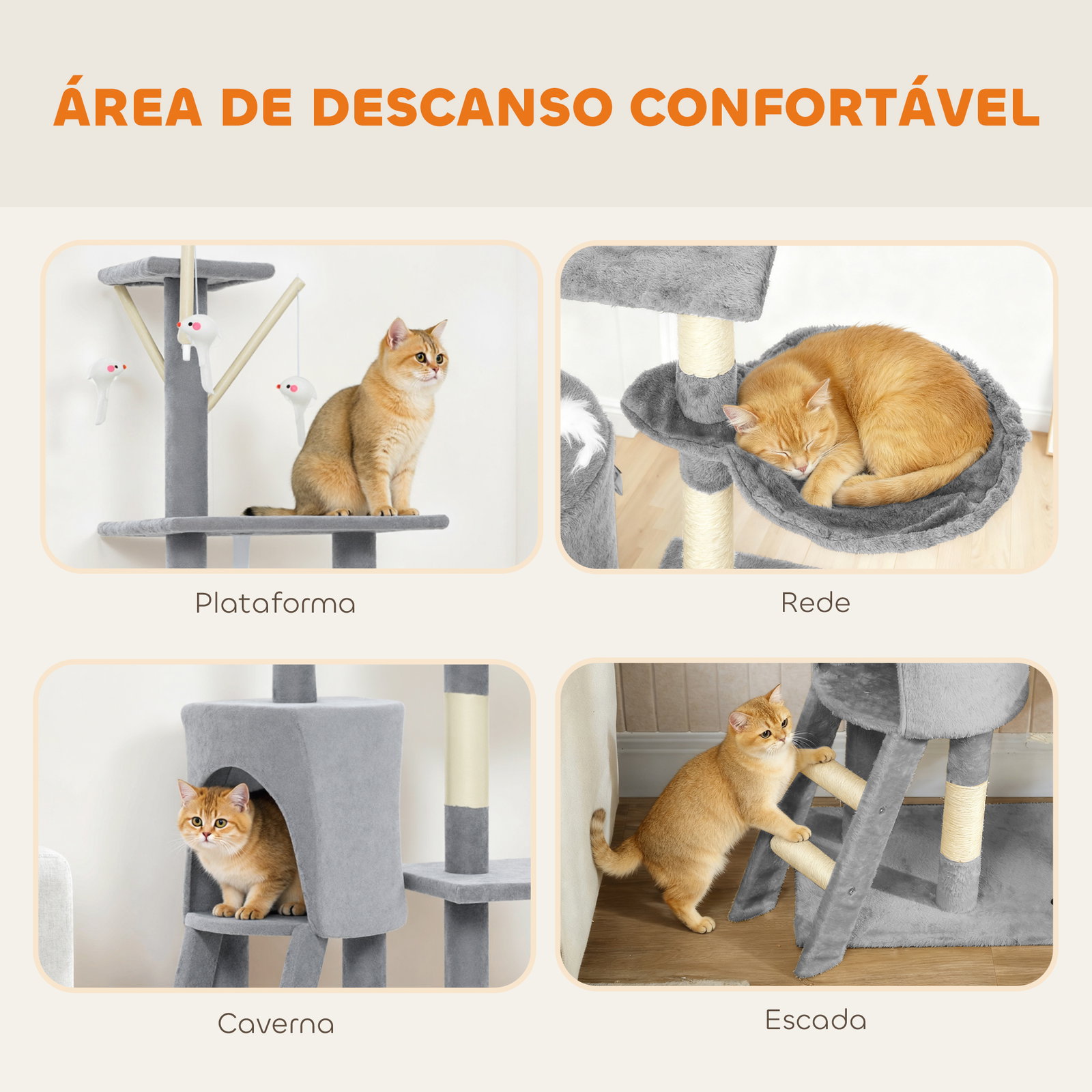 Arranhador para gatos com caverna plataformas rato de brinquedo rede e postes de sisal 60x35x134 cm cinzento
