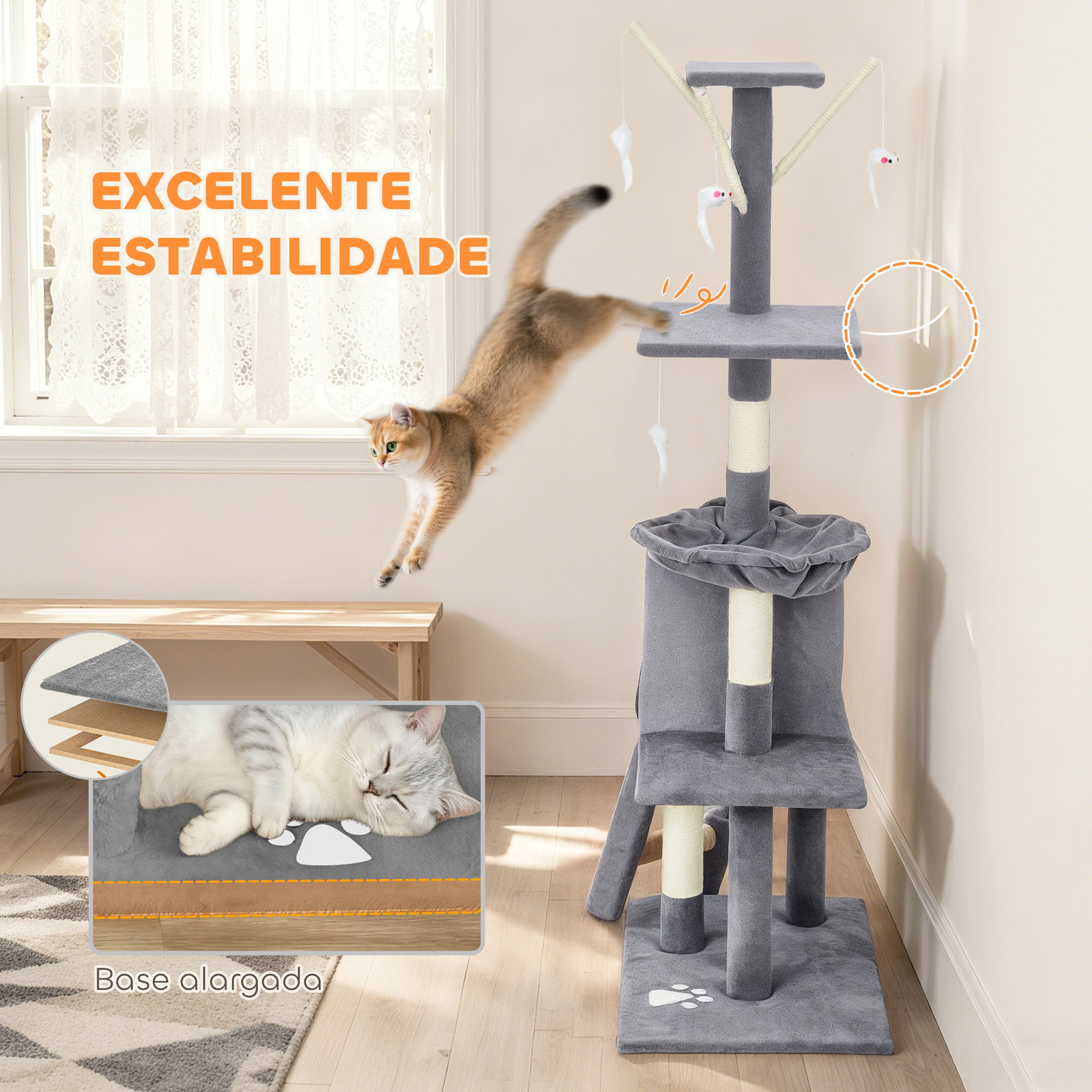Arranhador para gatos com caverna plataformas rato de brinquedo rede e postes de sisal 60x35x134 cm cinzento