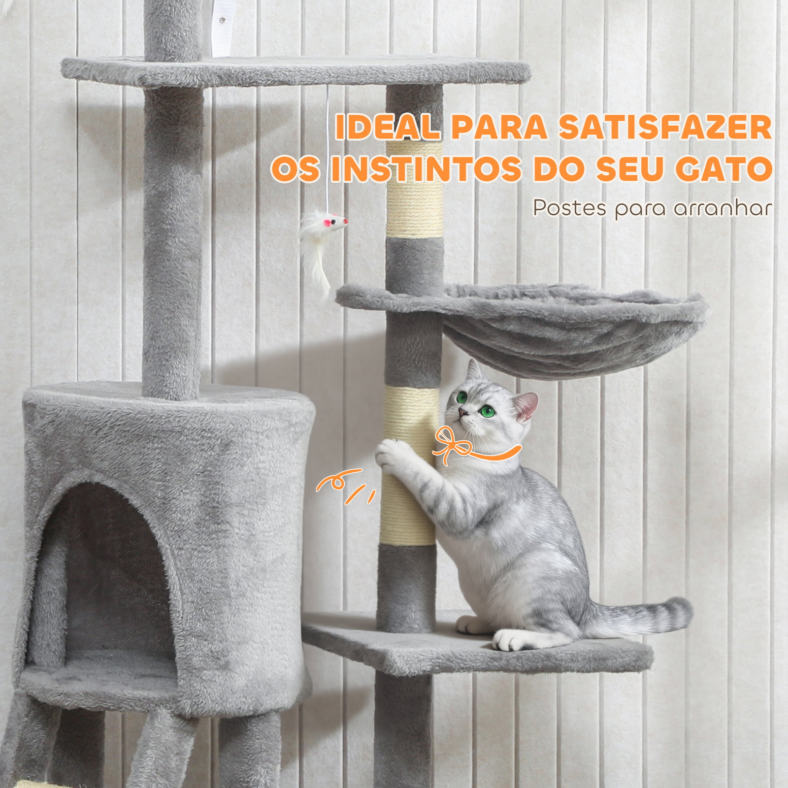 Arranhador para gatos com caverna plataformas rato de brinquedo rede e postes de sisal 60x35x134 cm cinzento