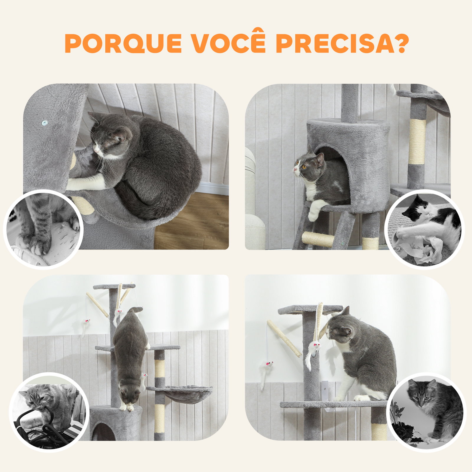 Arranhador para gatos com caverna plataformas rato de brinquedo rede e postes de sisal 60x35x134 cm cinzento