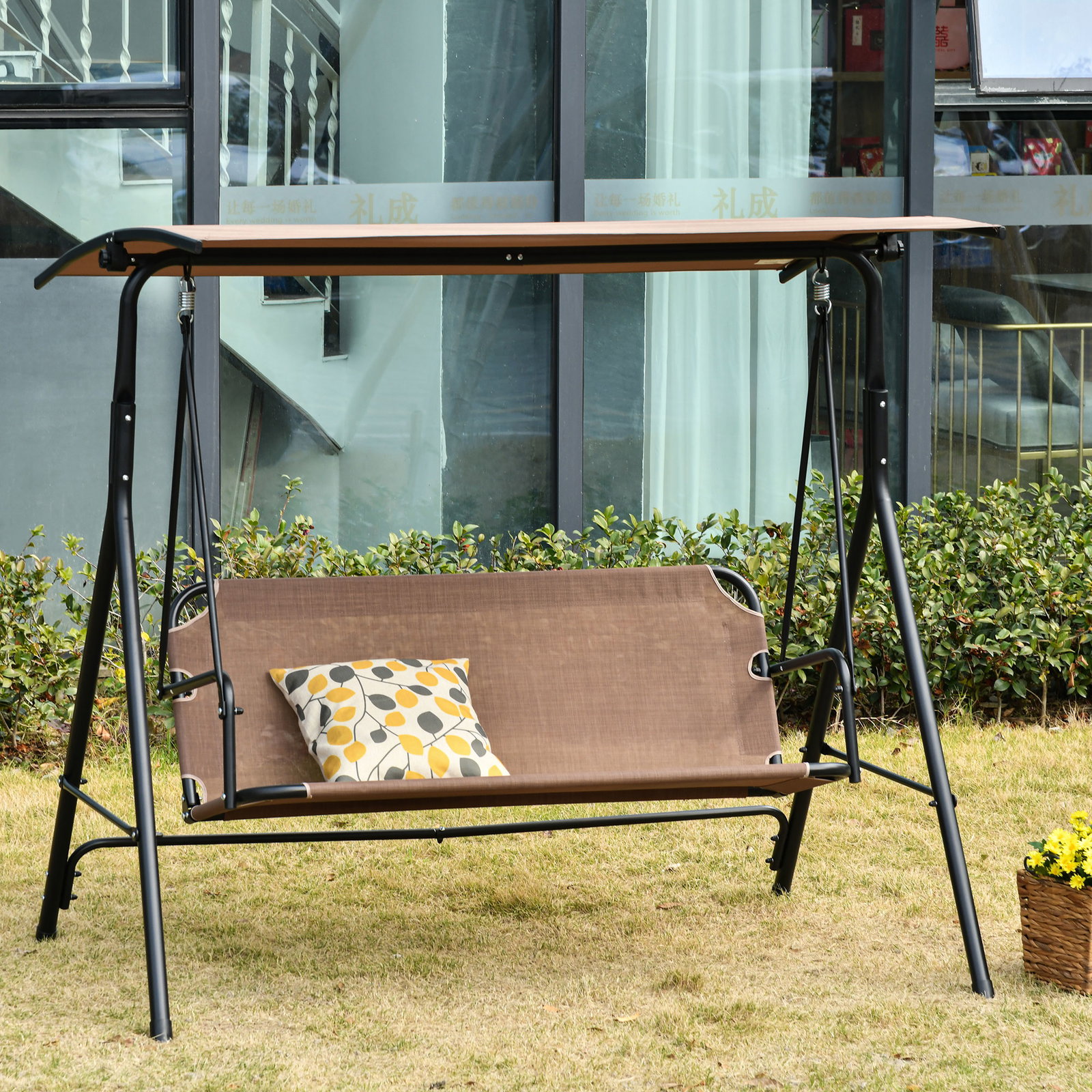 Baloiço de jardim de 2 lugares baloiço com teto ajustável em ângulo para terraço balcão carga máxima 200kg aço 172x110x155cm marrom
