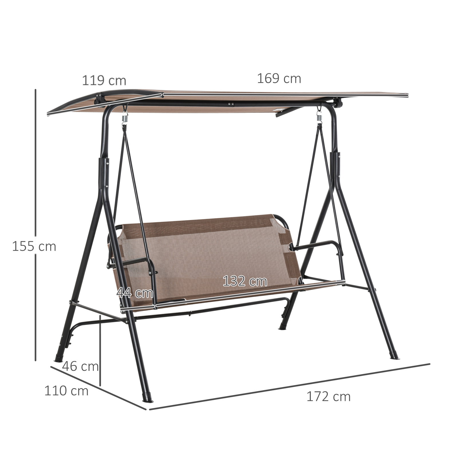 Baloiço de jardim de 2 lugares baloiço com teto ajustável em ângulo para terraço balcão carga máxima 200kg aço 172x110x155cm marrom