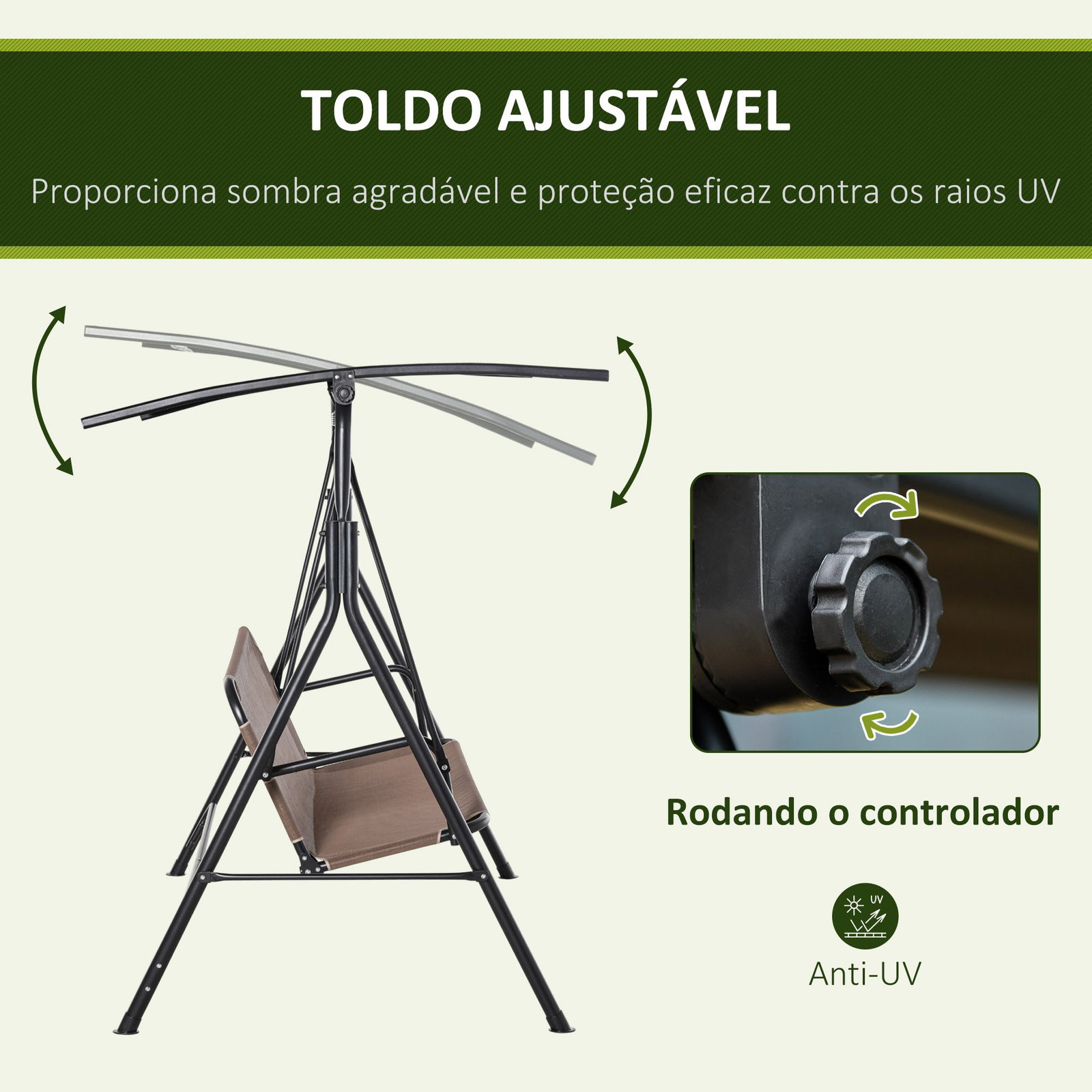 Baloiço de jardim de 2 lugares baloiço com teto ajustável em ângulo para terraço balcão carga máxima 200kg aço 172x110x155cm marrom