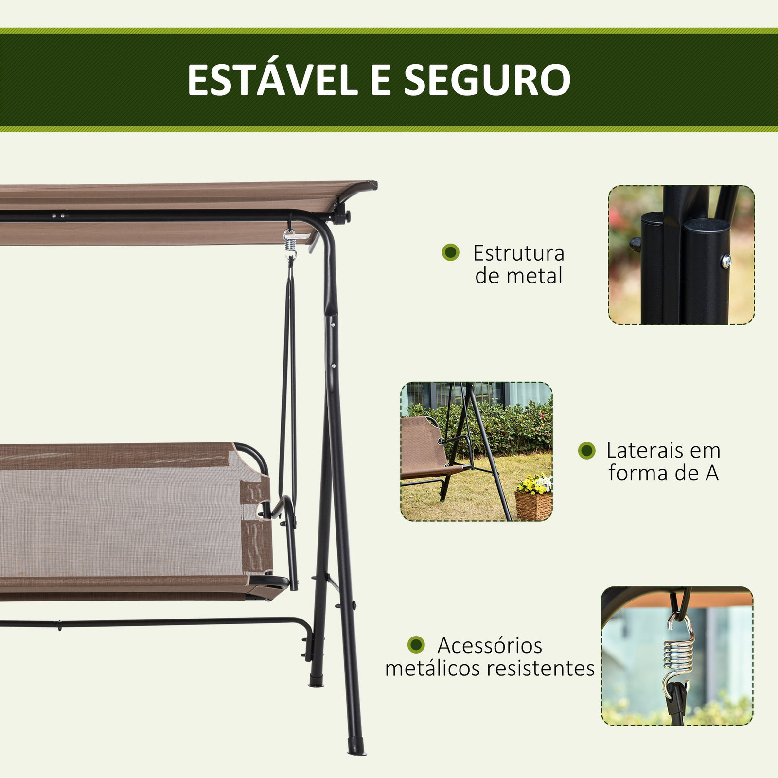Baloiço de jardim de 2 lugares baloiço com teto ajustável em ângulo para terraço balcão carga máxima 200kg aço 172x110x155cm marrom