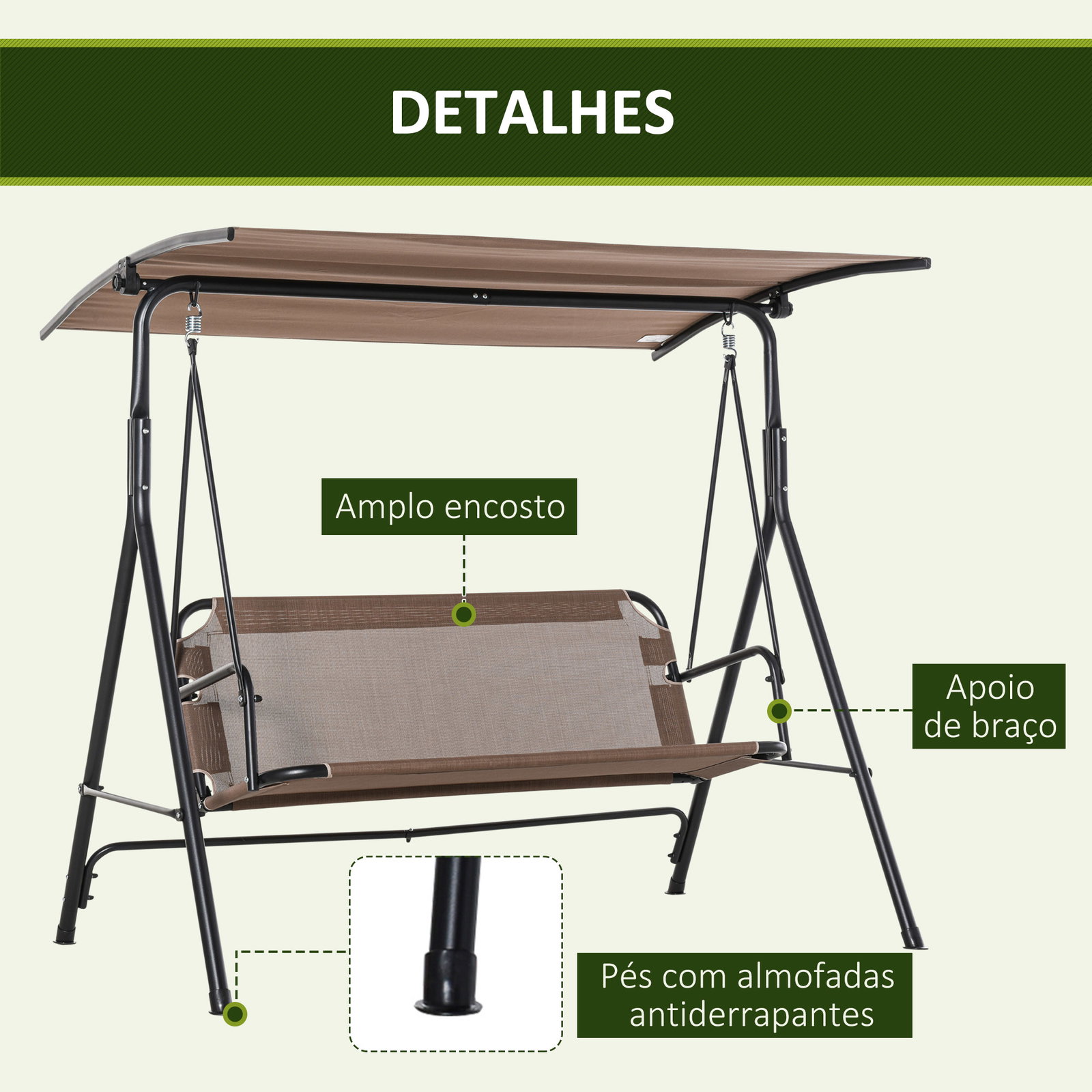 Baloiço de jardim de 2 lugares baloiço com teto ajustável em ângulo para terraço balcão carga máxima 200kg aço 172x110x155cm marrom