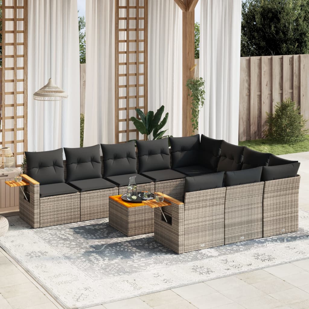 11 Pcs conjunto sofás de jardim c/ almofadões vime PE cinzento