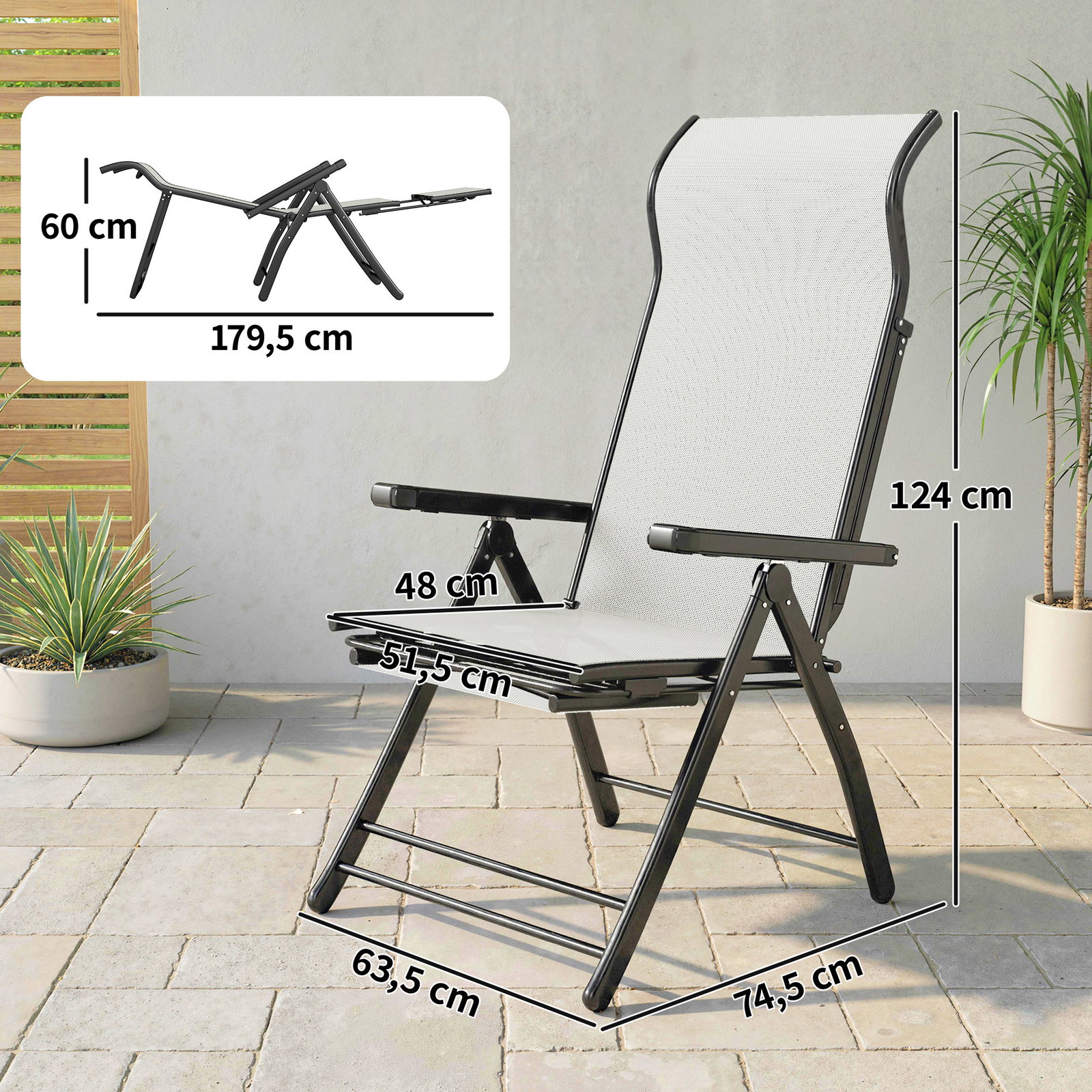 Conjunto de 2 cadeiras dobráveis reclináveis de jardim exterior com encosto alto ajustável em 5 posições apoio para pés cinza claro
