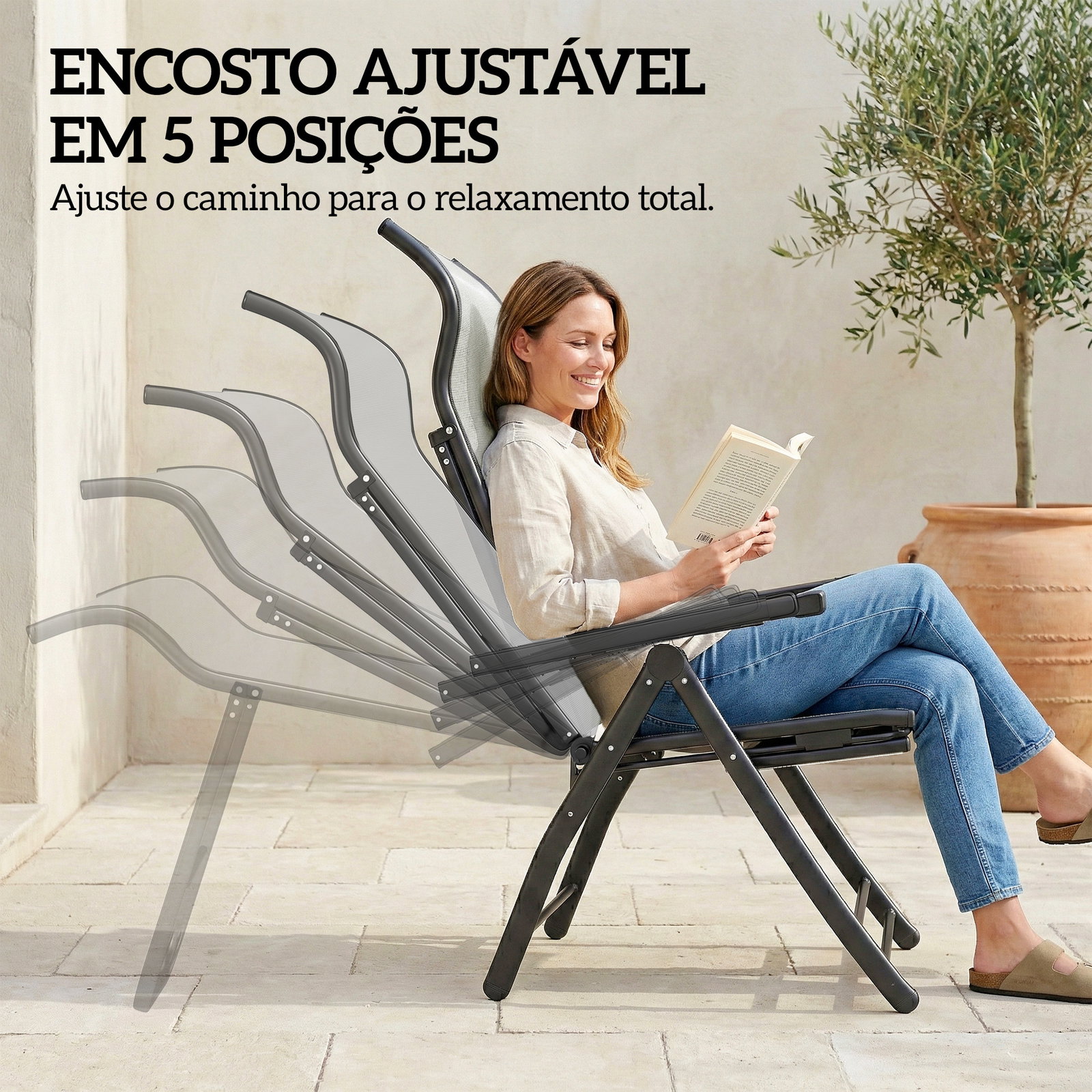 Conjunto de 2 cadeiras dobráveis reclináveis de jardim exterior com encosto alto ajustável em 5 posições apoio para pés cinza claro