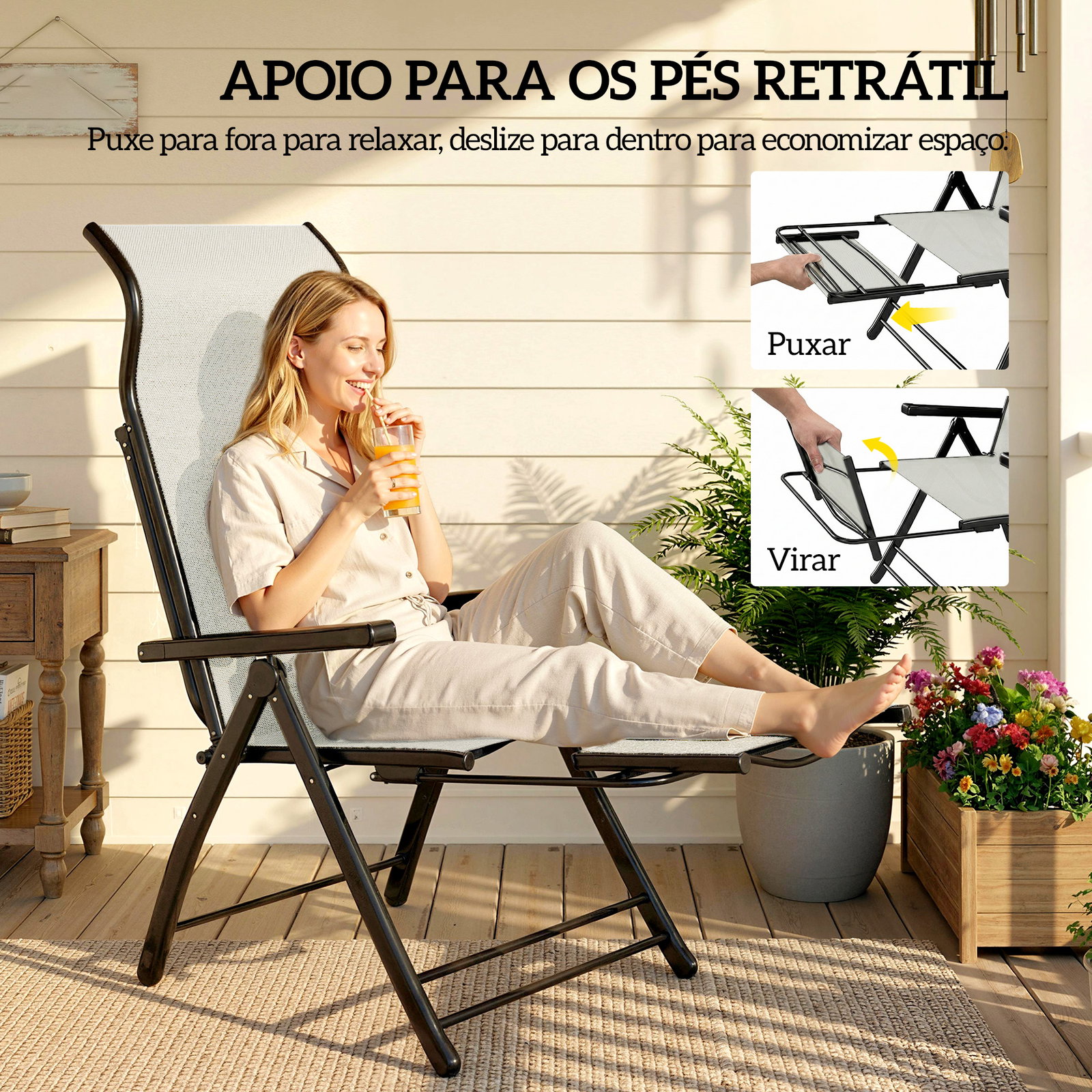 Conjunto de 2 cadeiras dobráveis reclináveis de jardim exterior com encosto alto ajustável em 5 posições apoio para pés cinza claro