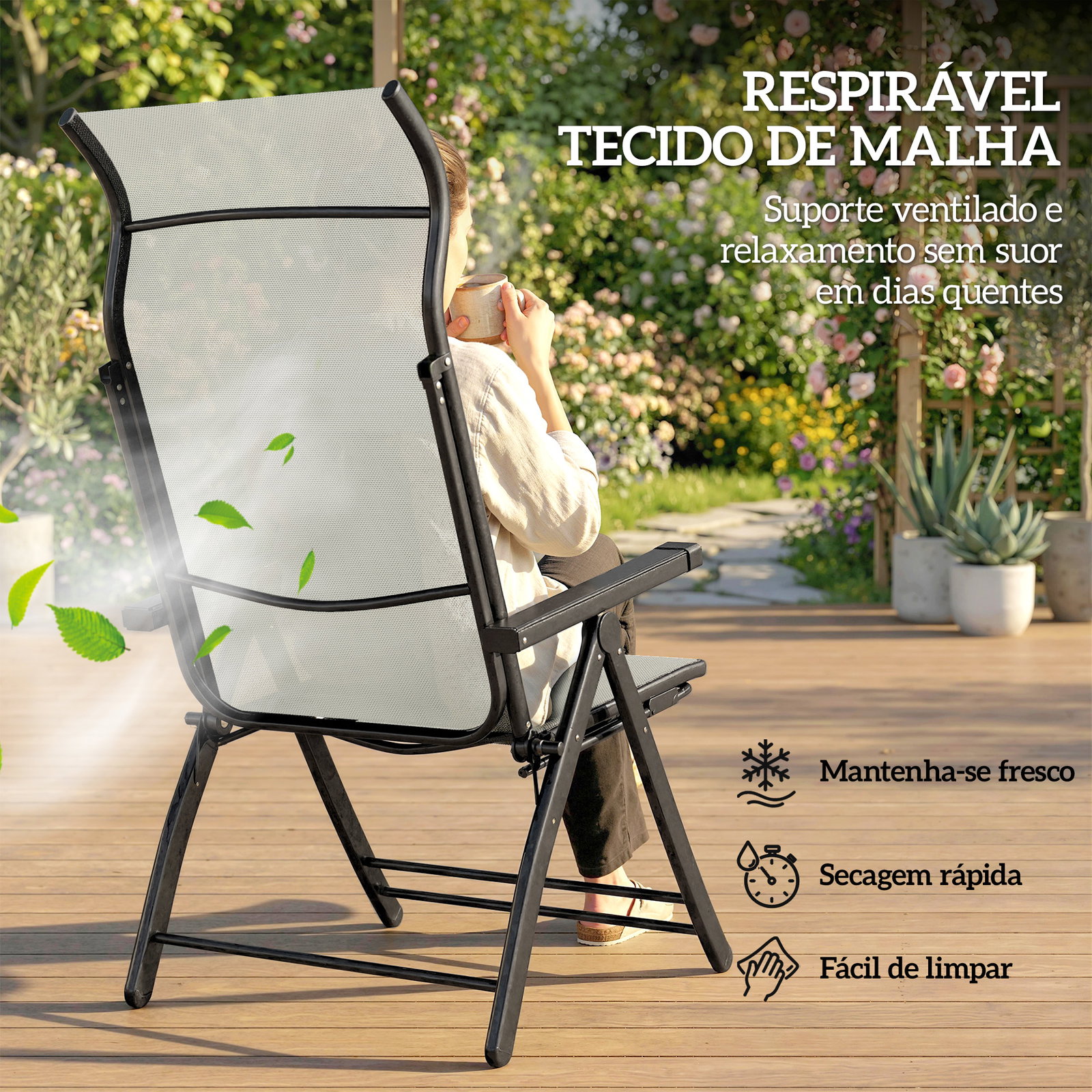 Conjunto de 2 cadeiras dobráveis reclináveis de jardim exterior com encosto alto ajustável em 5 posições apoio para pés cinza claro